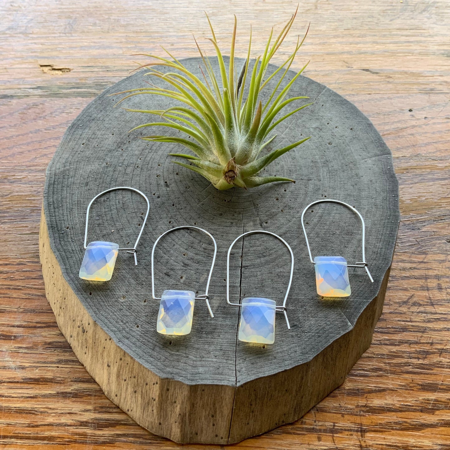 Modern Opalite Quartz hoop earrings, glowing stone hoops