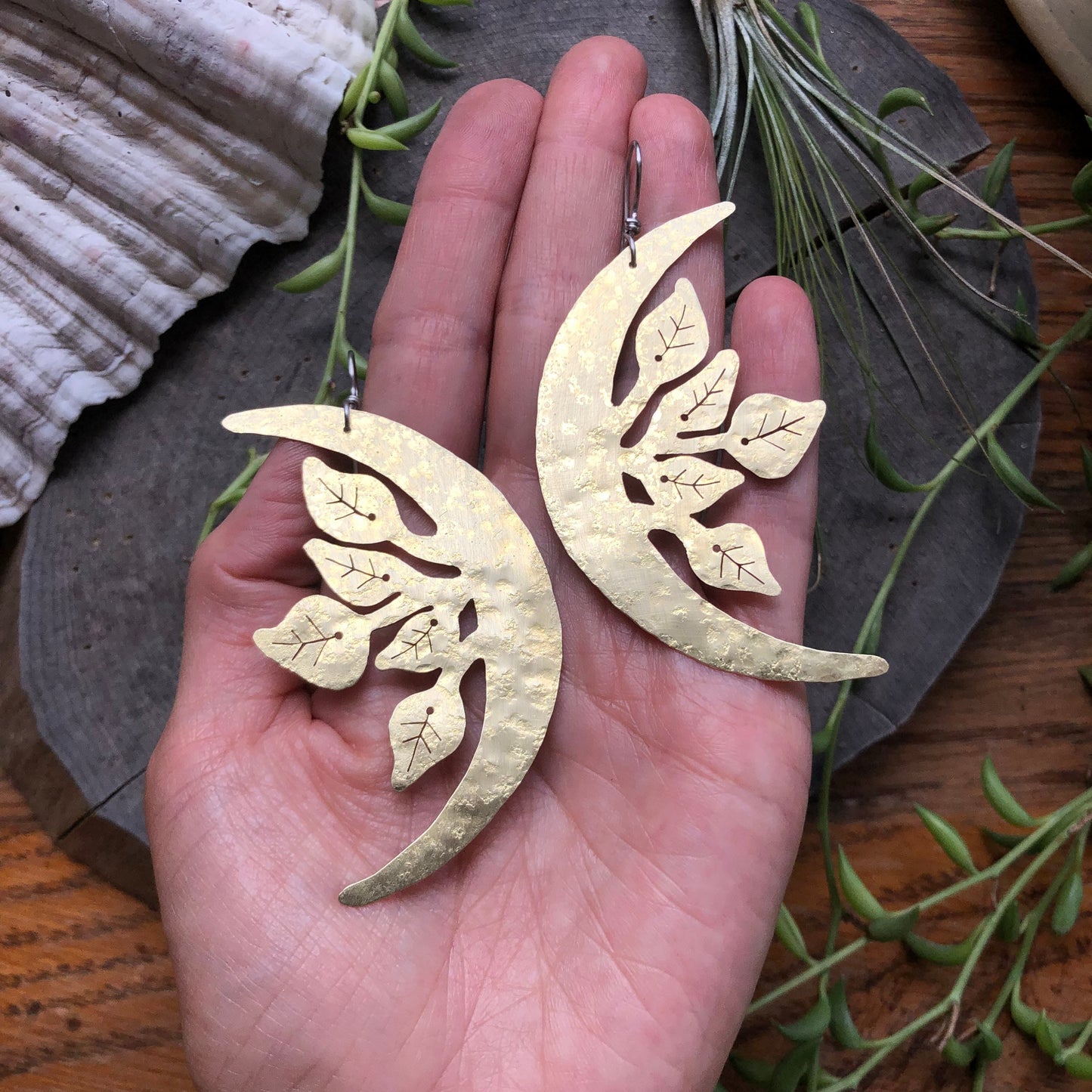 crescent moon and leaf earrings, Luna garden earrings