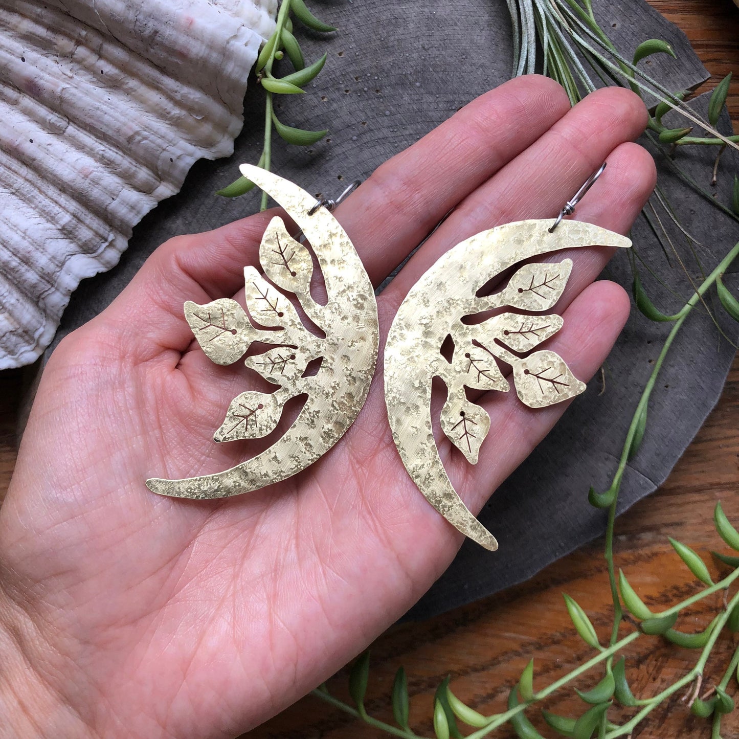 crescent moon and leaf earrings, Luna garden earrings