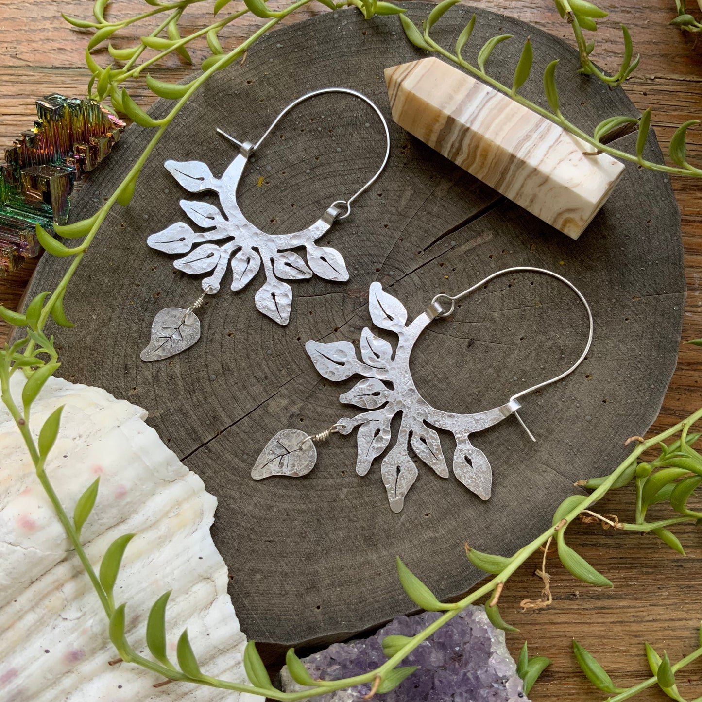 Handmade Pothos Leaf Hoop Earrings: Hammered Aluminum Botanical Jewelry