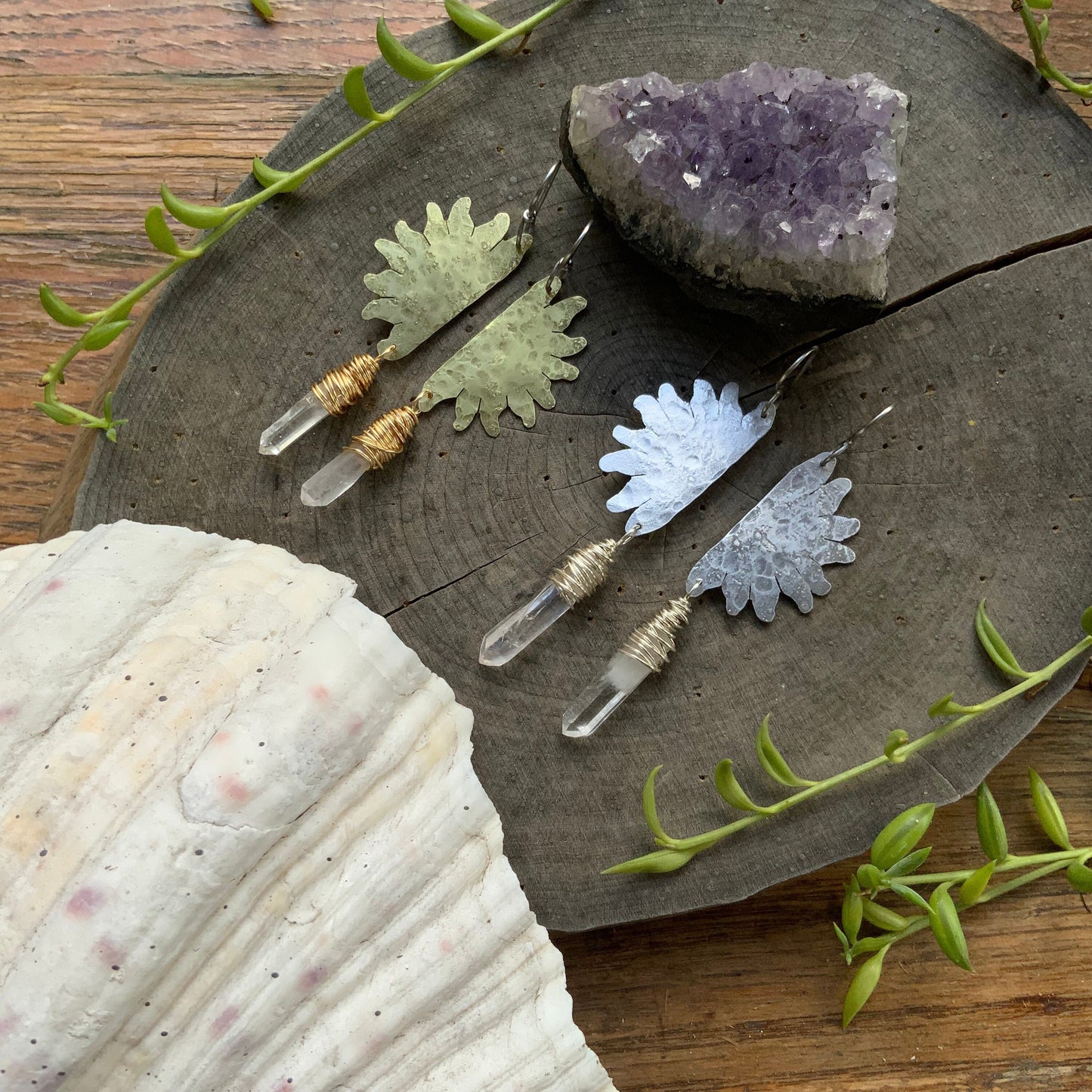 Handmade Sun & Crystal Point Earrings: Hammered Metal Dangles