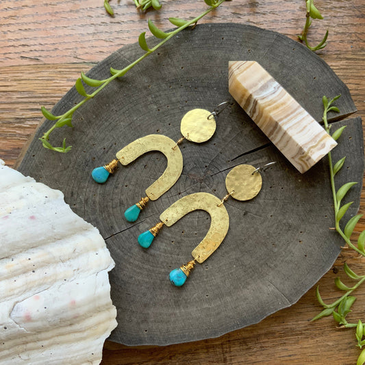 Turquoise & Brass Arc Earrings: Handmade Statement Jewelry