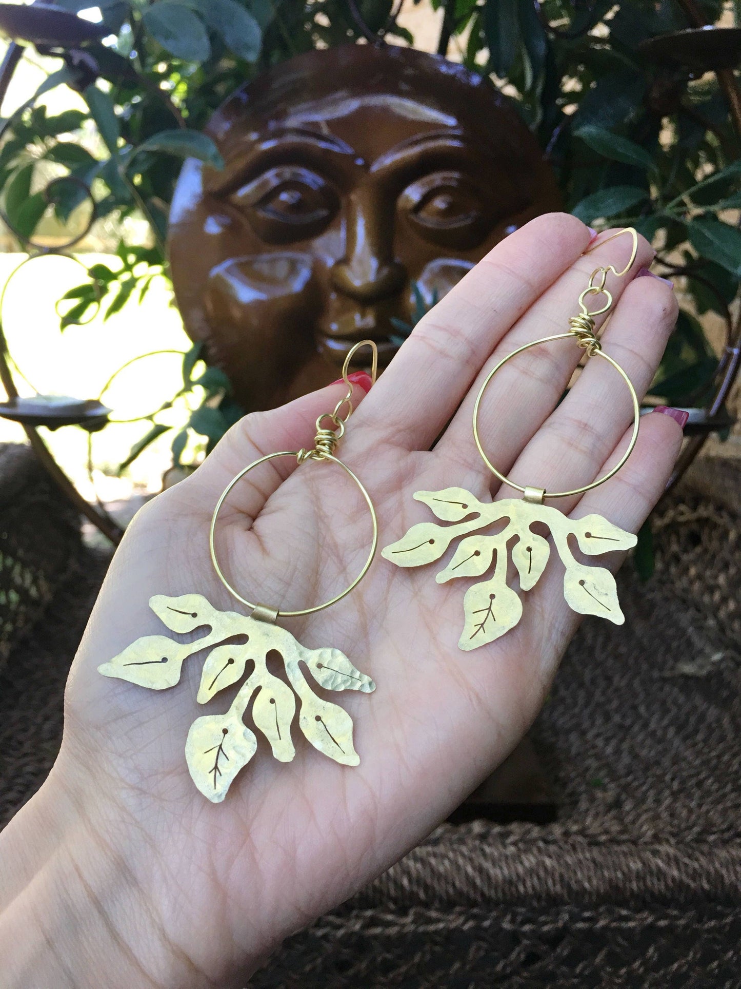 Houseplant earrings , Hammered metal pothos plant hoops, Greenery dangle earrings