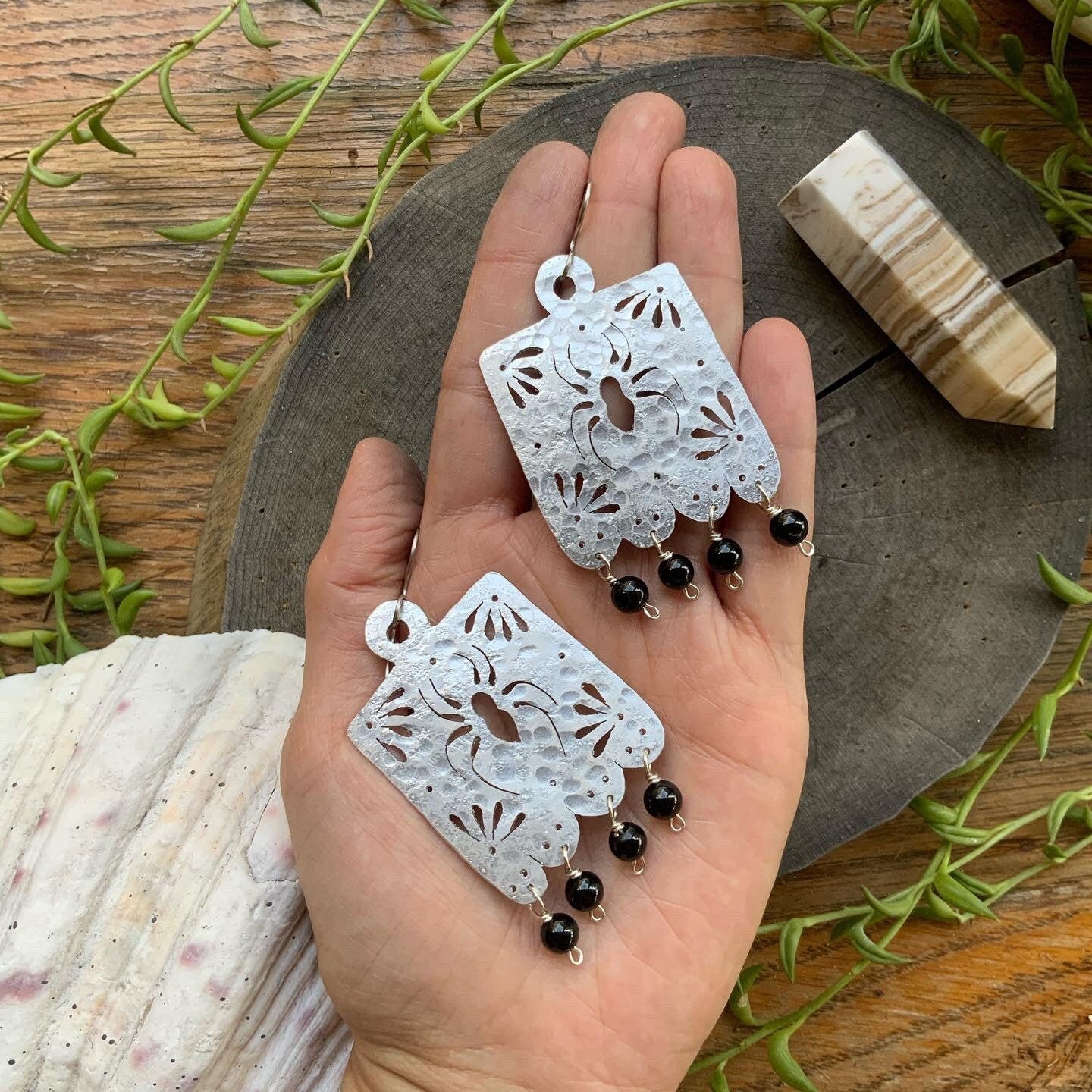 Handmade Metal Papel Picado Spider Earrings with Onyx Beads