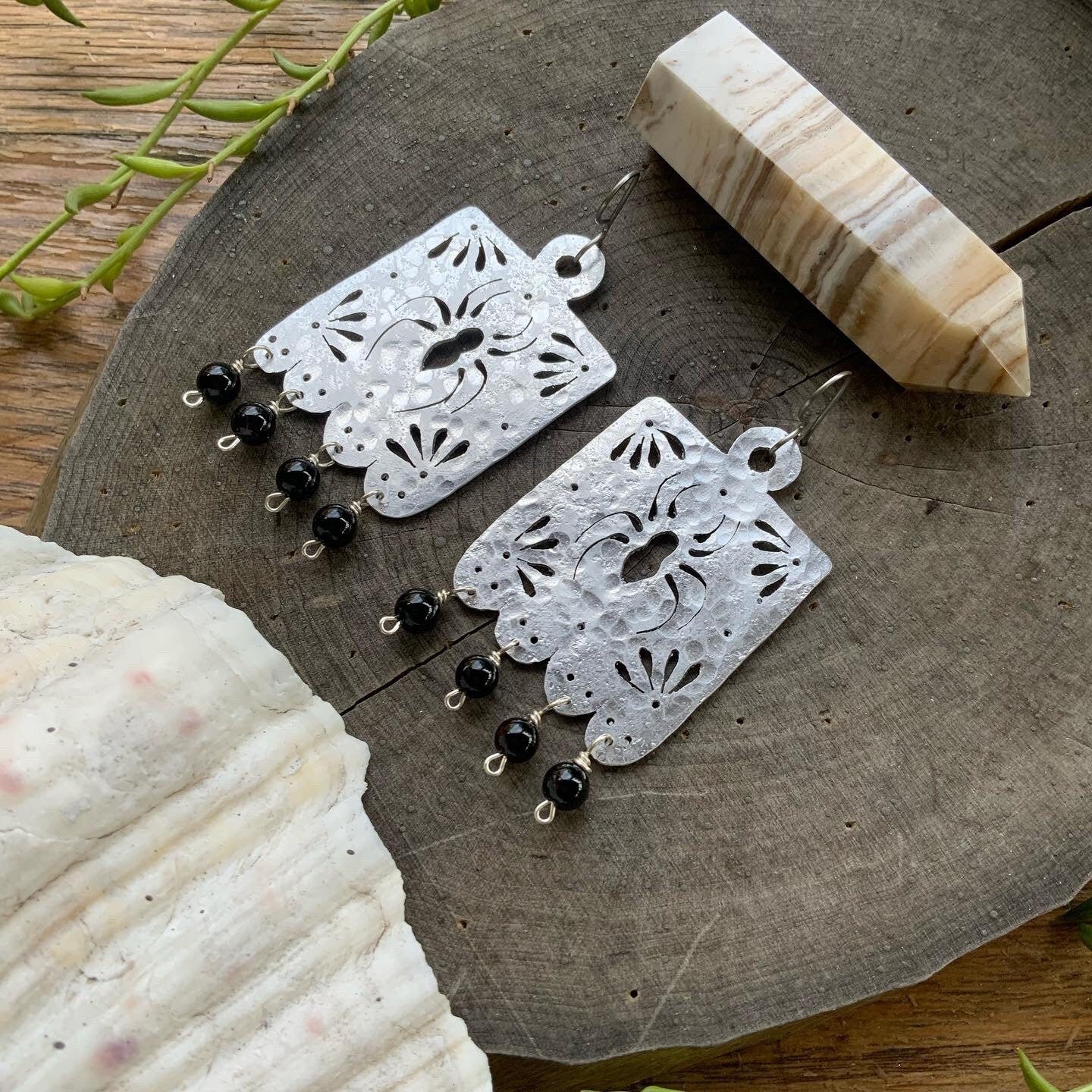 Handmade Metal Papel Picado Spider Earrings with Onyx Beads