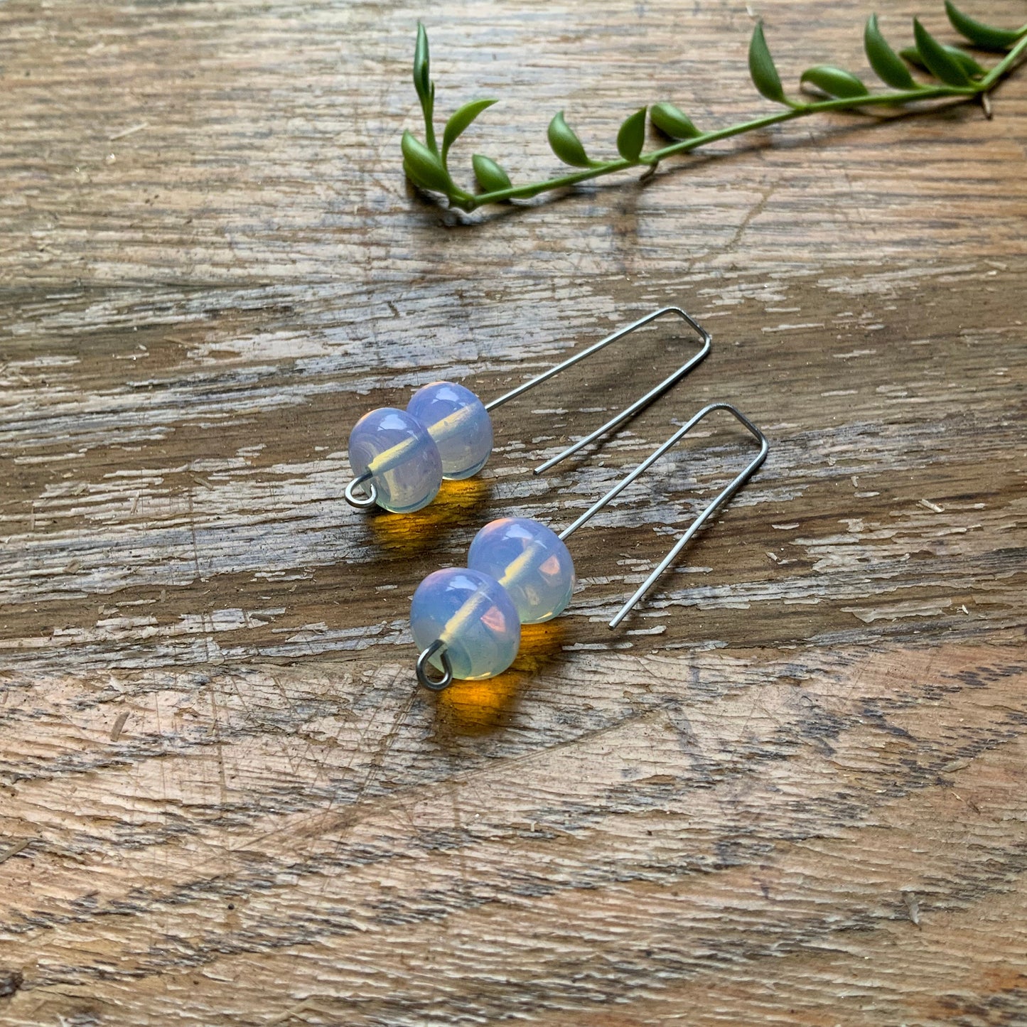 Modern Opalite Quartz drop earrings, glowing stone wire drops