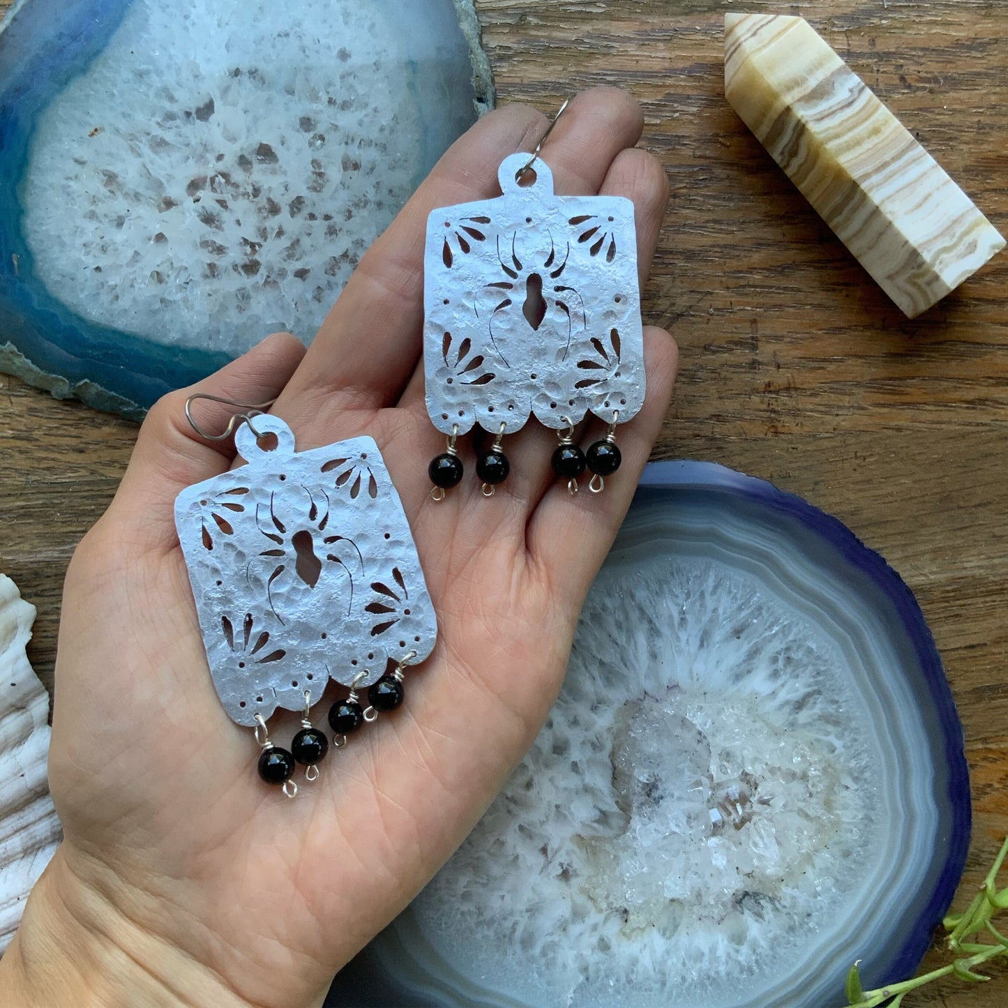 Handmade Metal Papel Picado Spider Earrings with Onyx Beads