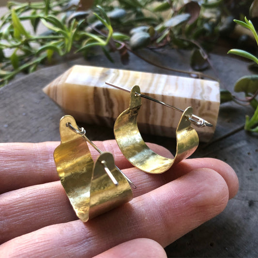 Rustic Metal Mini Scoop Hoop Earrings: Handmade Hammered Brass