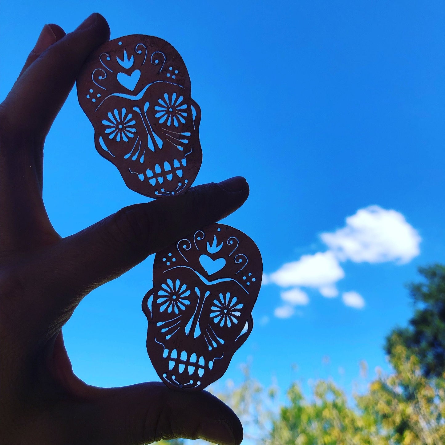 Sugar skull earrings , hand cut sugar skull earrings , day of the dead jewelry