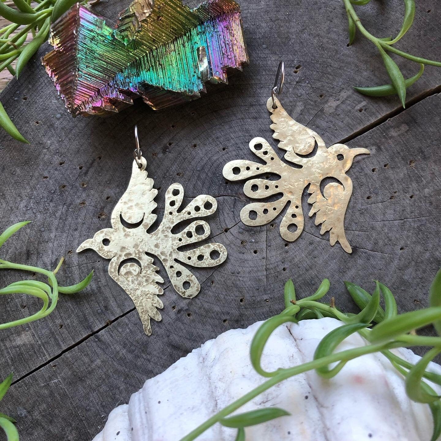 Brass Bird Earrings: Mexican Folk Art Celestial Pajarito