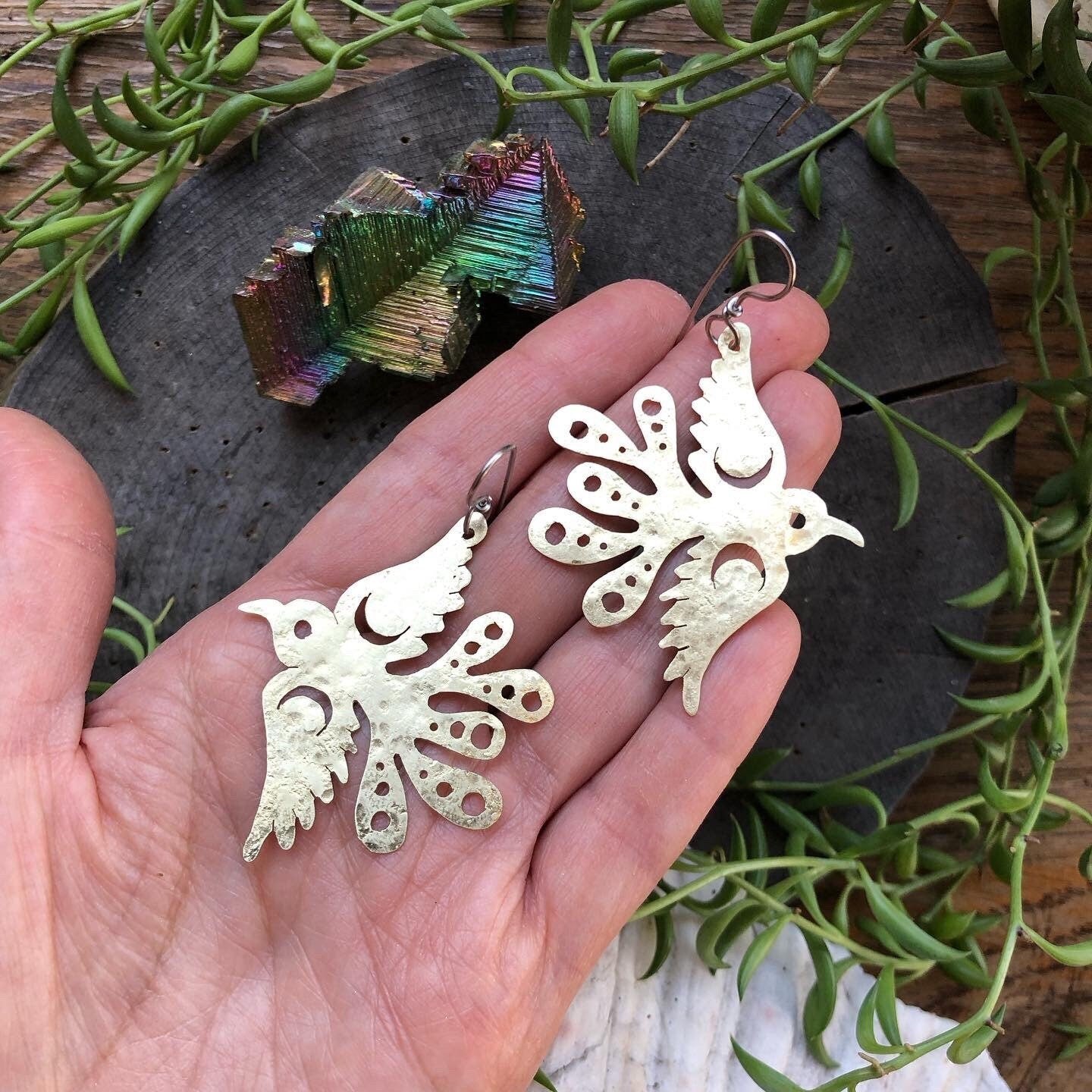 Brass Bird Earrings: Mexican Folk Art Celestial Pajarito