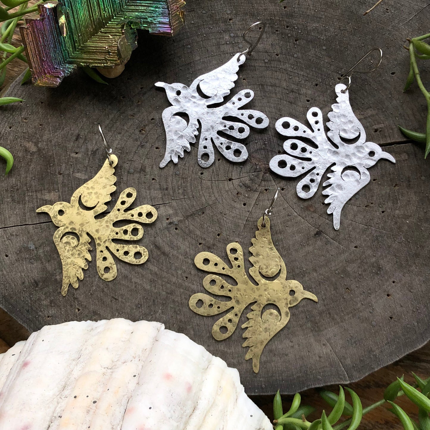 Brass Bird Earrings: Mexican Folk Art Celestial Pajarito