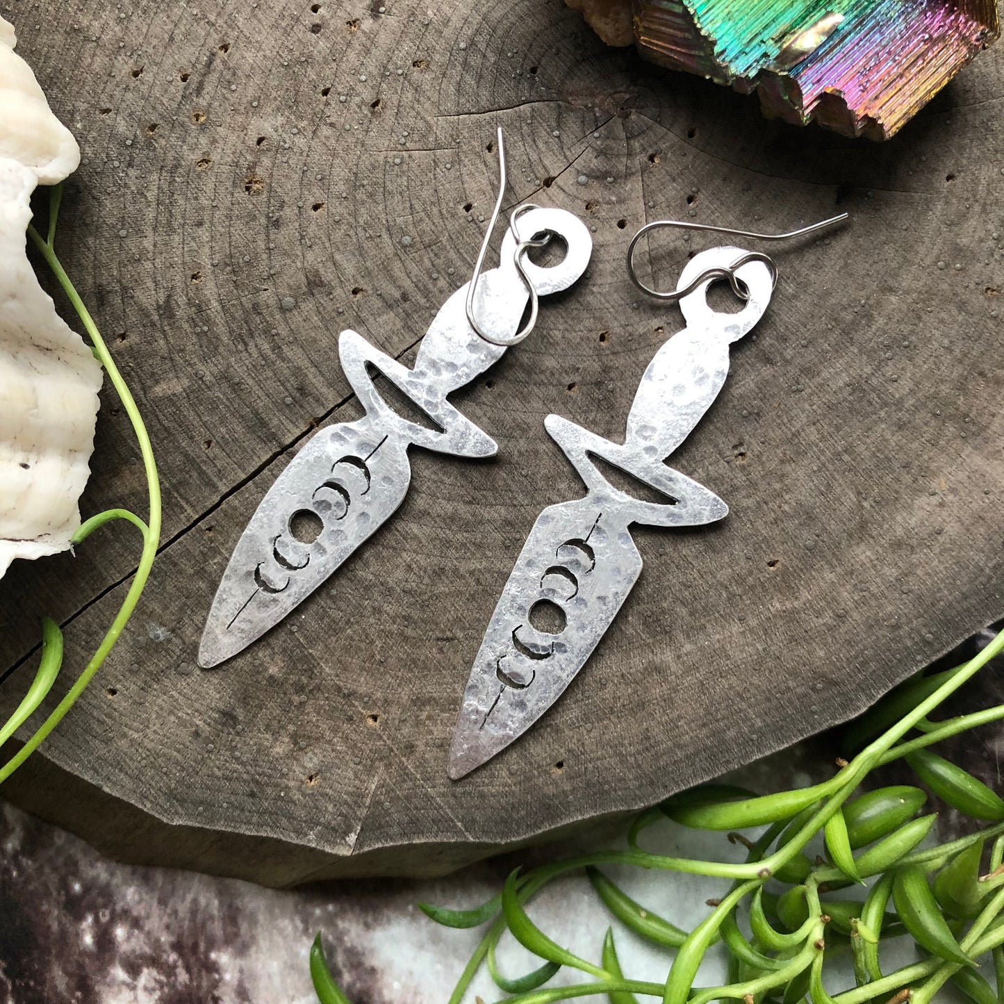 Dagger earrings, hammered metal jewelry, moon phase dagger earrings