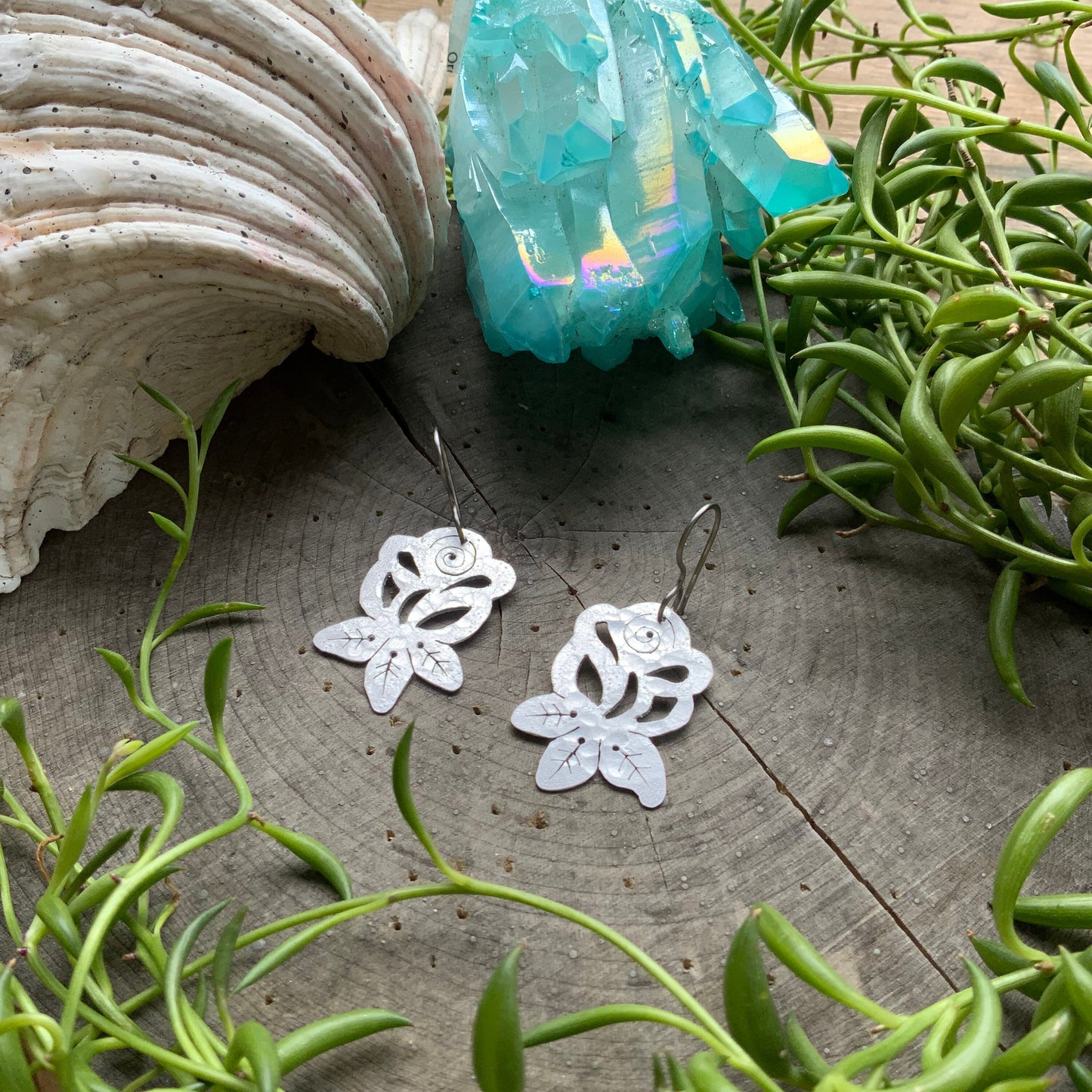 Metal Rose Earrings: Hand Cut Folk Art Jewelry