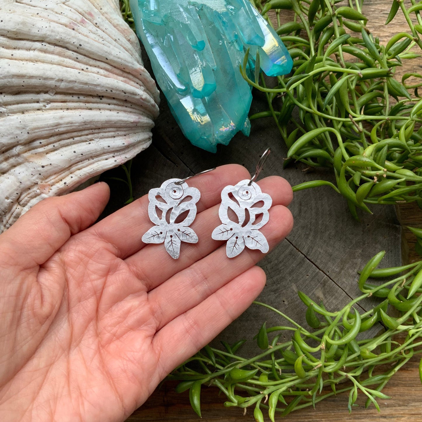 Metal Rose Earrings: Hand Cut Folk Art Jewelry