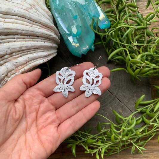 Metal Rose Earrings: Hand Cut Folk Art Jewelry