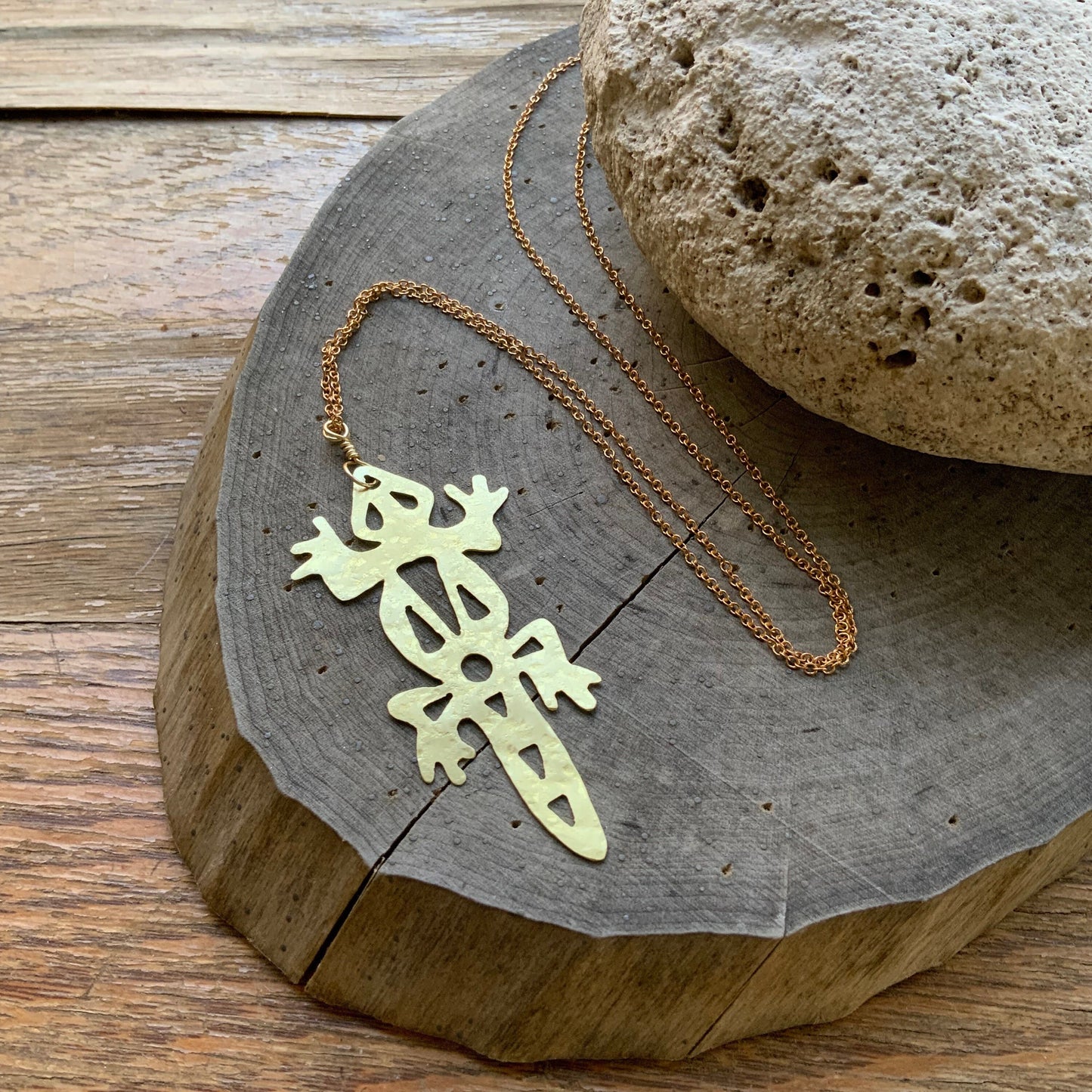 Handmade Brass Lizard Pendant Necklace: Tribal Long Length Jewelry