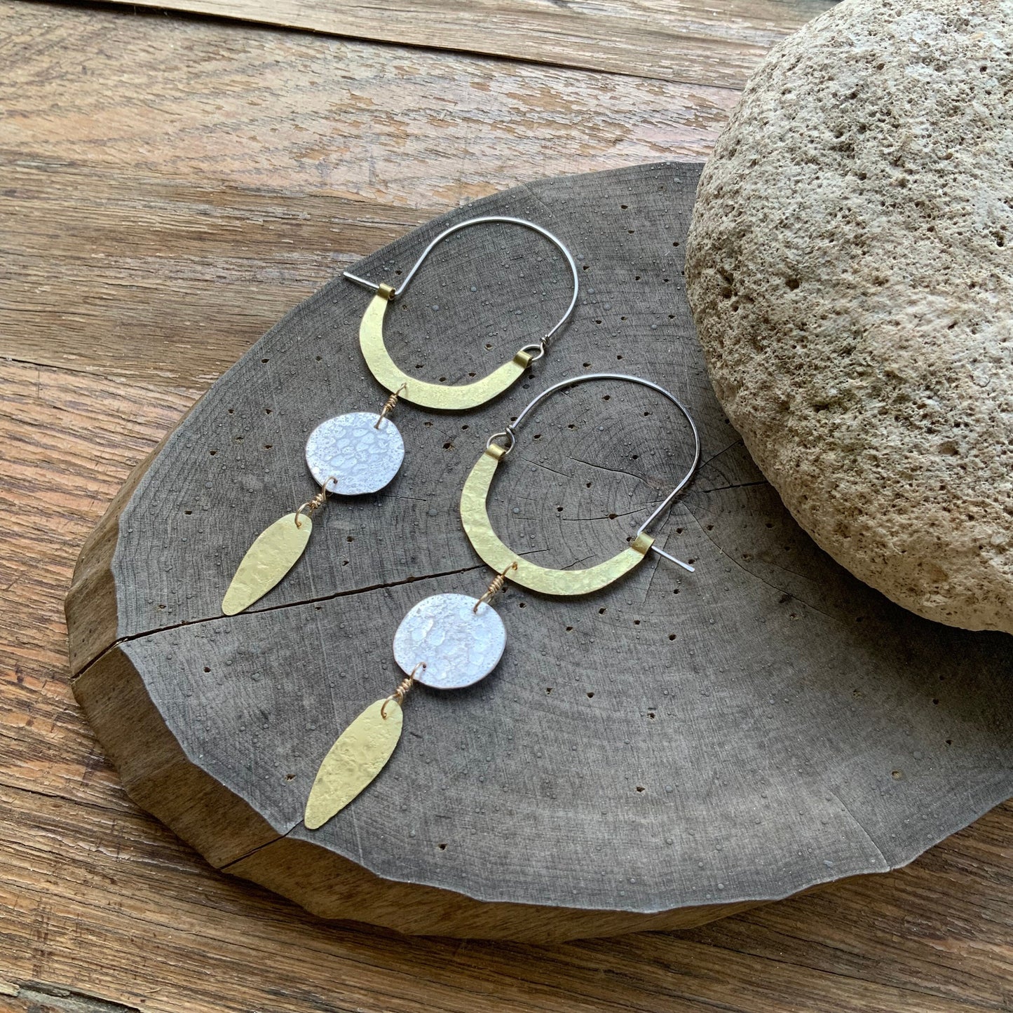 Rustic Two-Tone Geometric Hoop Earrings: Mixed Metal Dangles