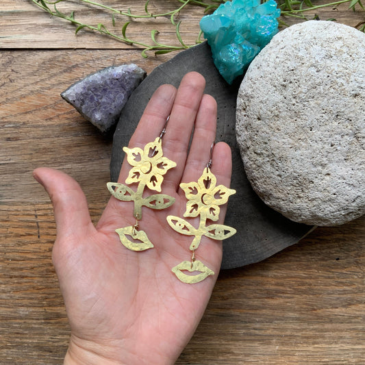 Celestial Flower Face Earrings: Brass Surrealist Jewelry