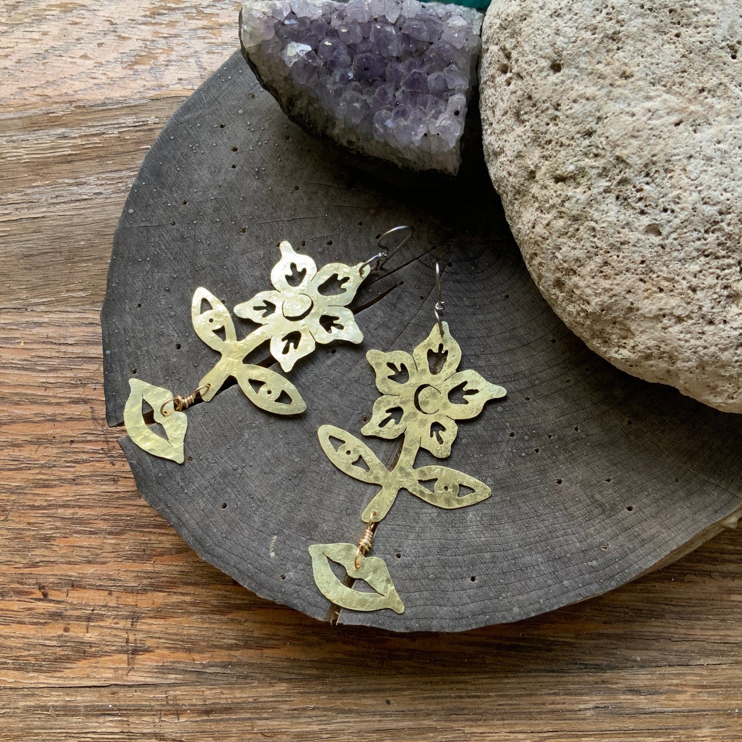 Celestial Flower Face Earrings: Brass Surrealist Jewelry