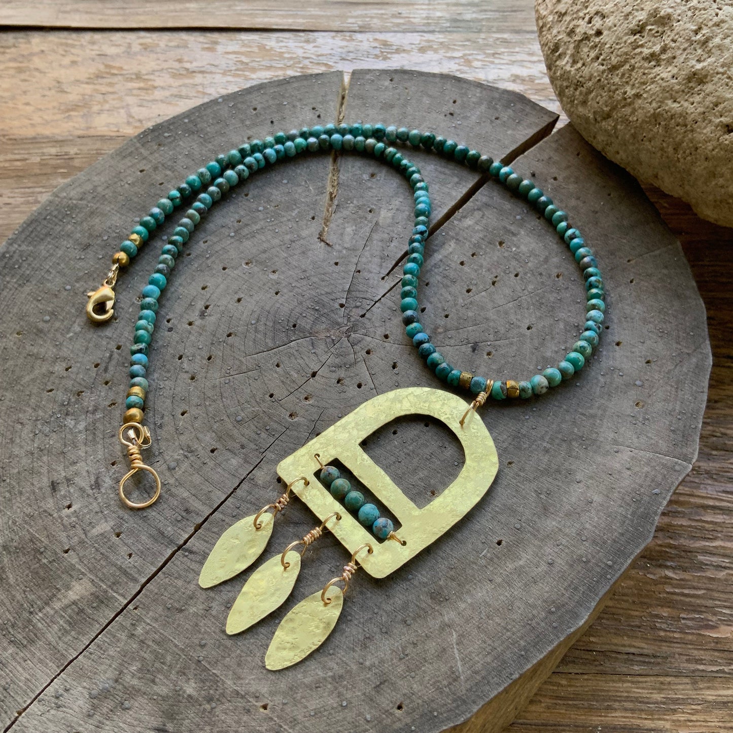 Brass Fringe & Turquoise Beaded Necklace - Geometric Handmade Jewelry