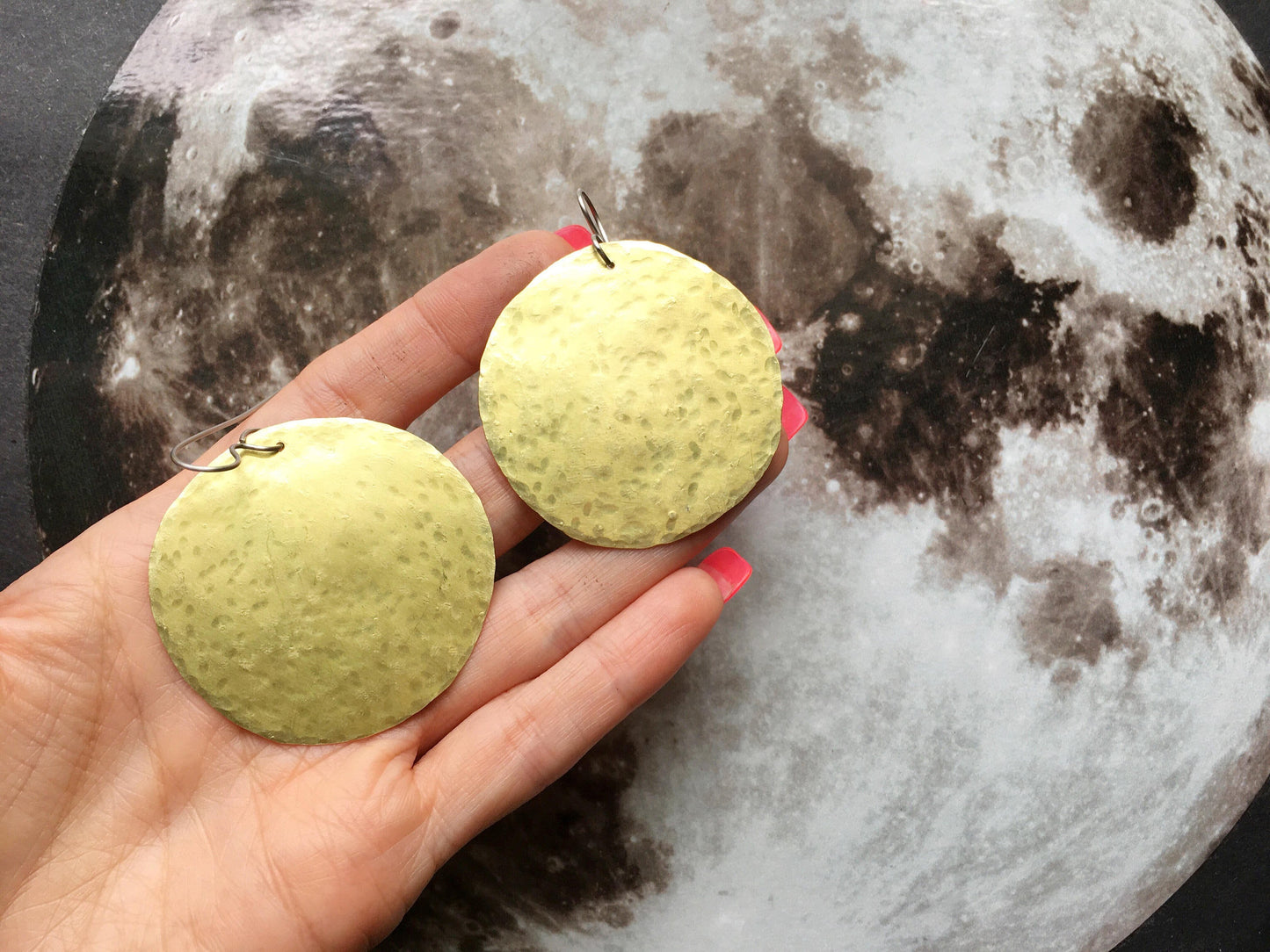 Handmade Hammered Metal Full Moon Earrings: Large Disk Earrings