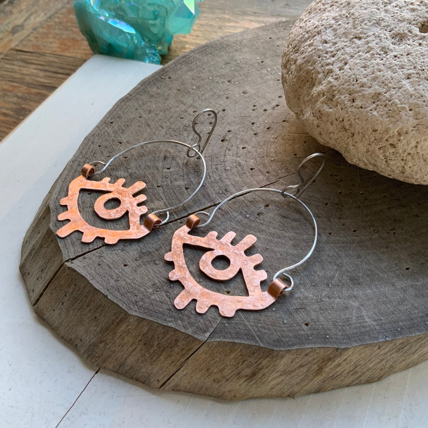 Handmade Metal Eye Hoop Earrings: Copper, Brass, or Aluminum