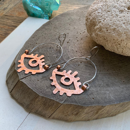 Handmade Metal Eye Hoop Earrings: Copper, Brass, or Aluminum