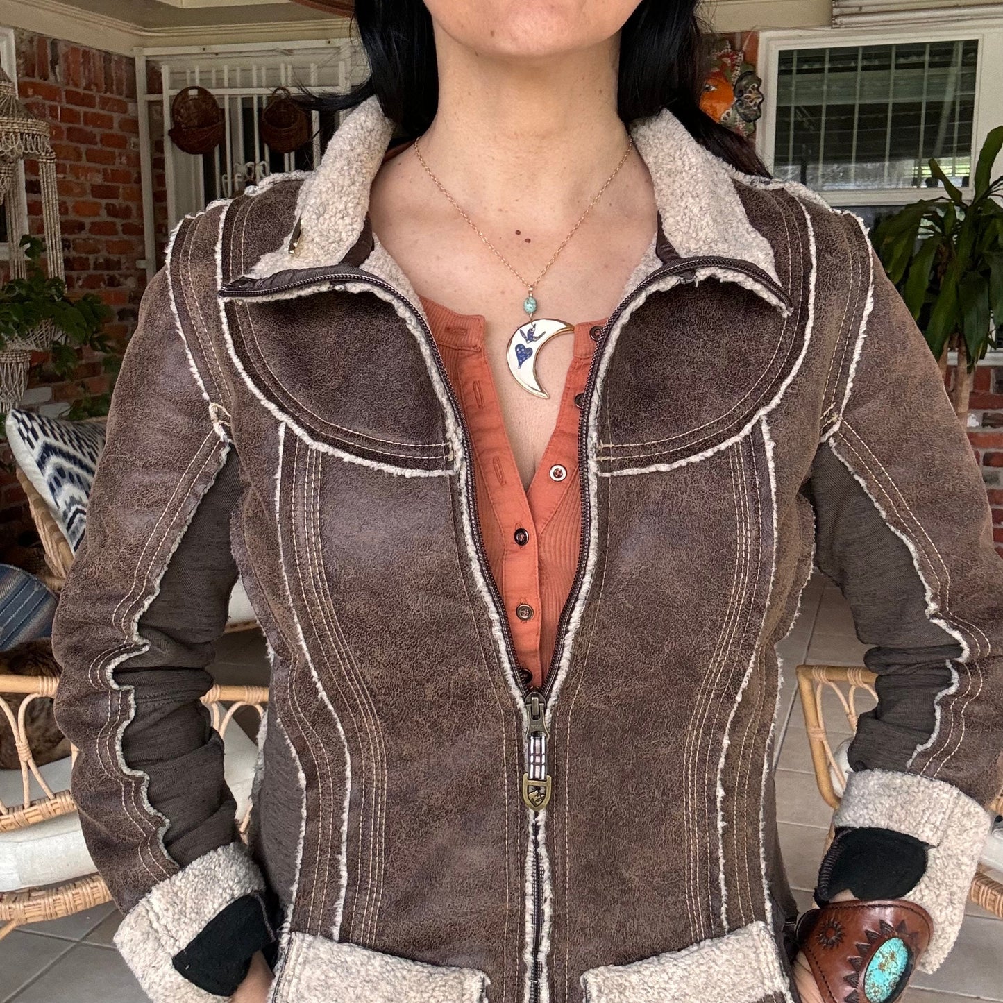 Ceramic Sacred crescent moon and genuine turquoise Charm Necklace