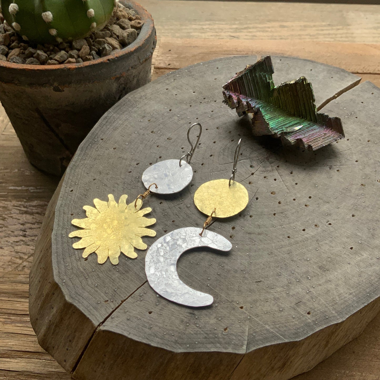 Handmade Sun and Moon Dangle Earrings: Mixed Metal Celestial Jewelry
