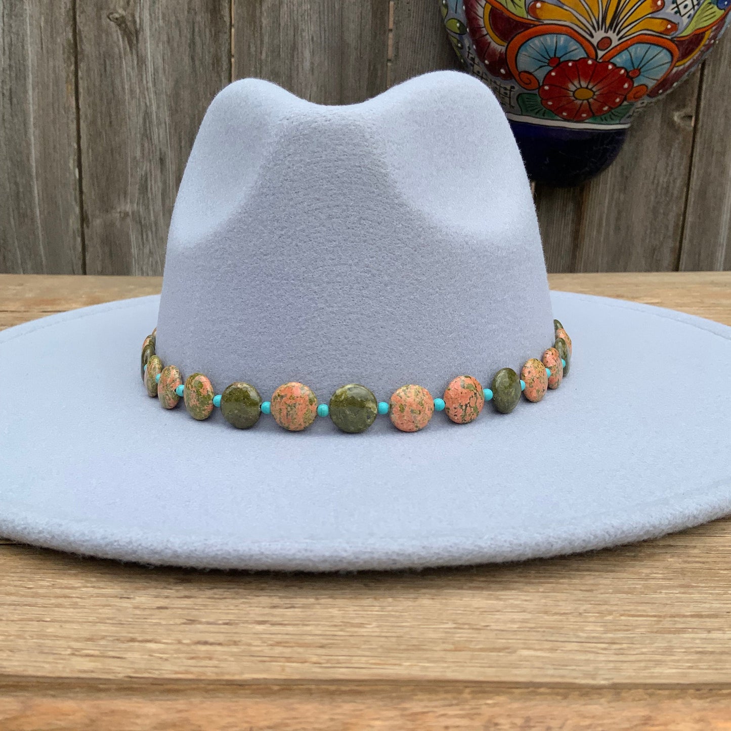Unakite Hatband, green and pink Gemstone Hat Band
