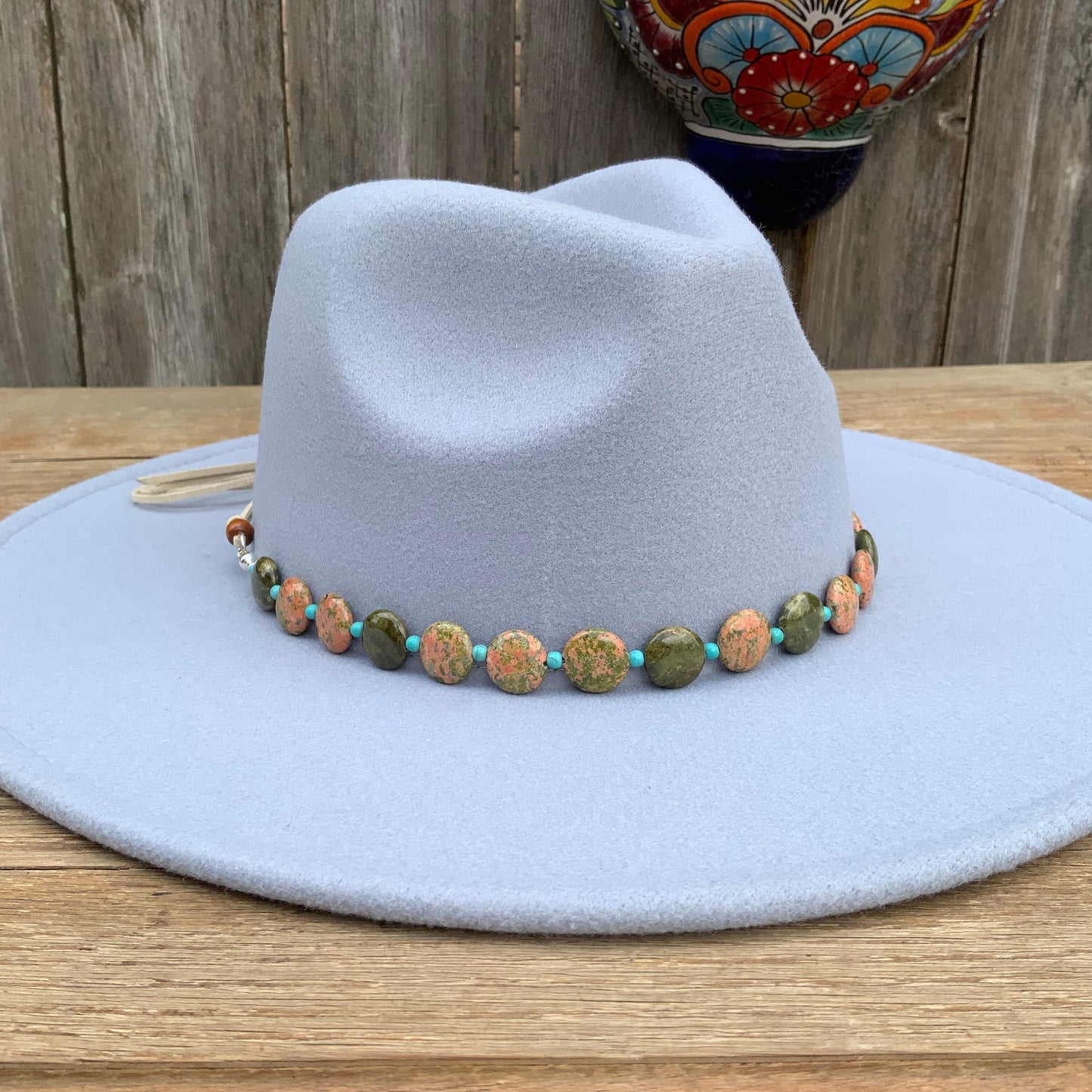 Unakite Hatband, green and pink Gemstone Hat Band