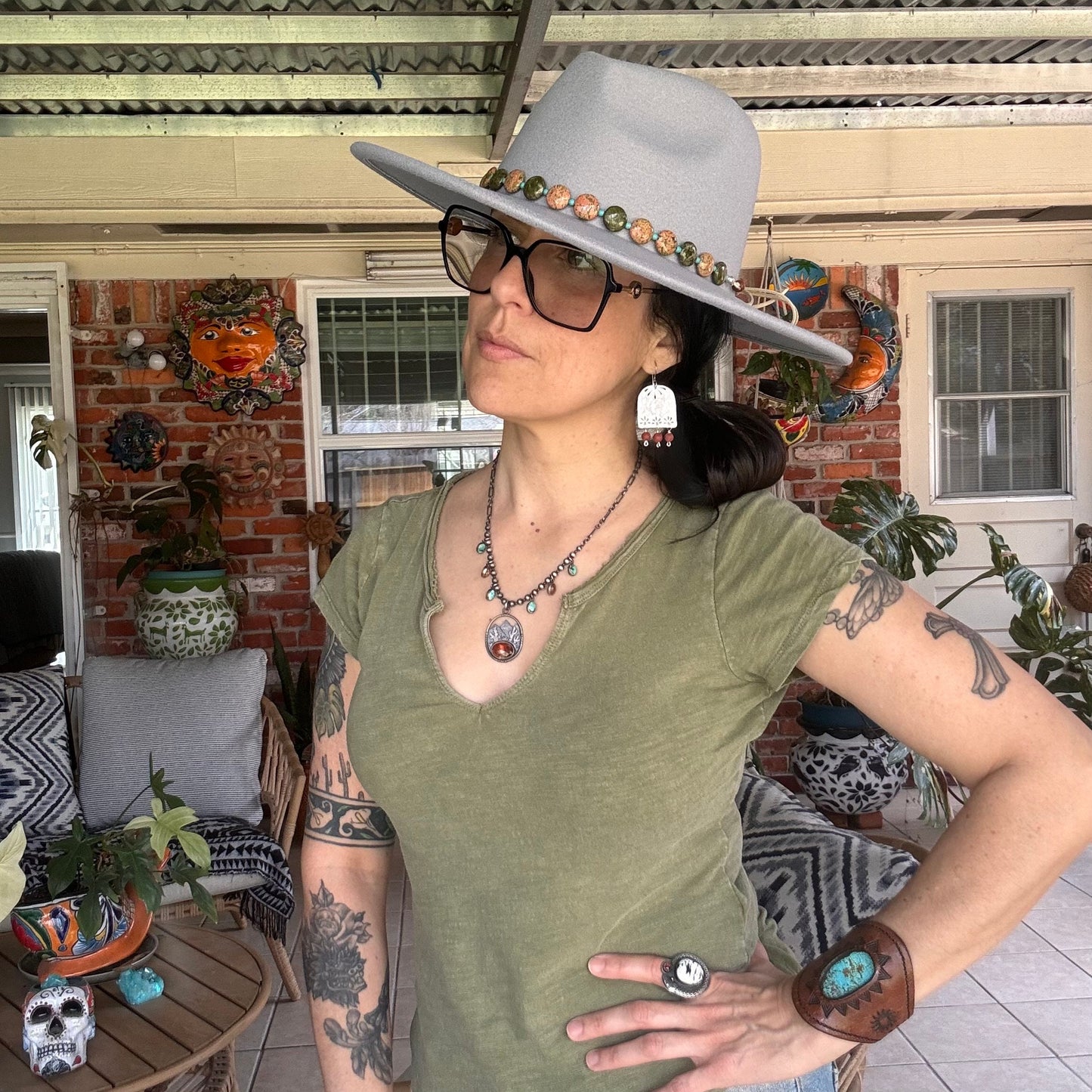 Unakite Hatband, green and pink Gemstone Hat Band