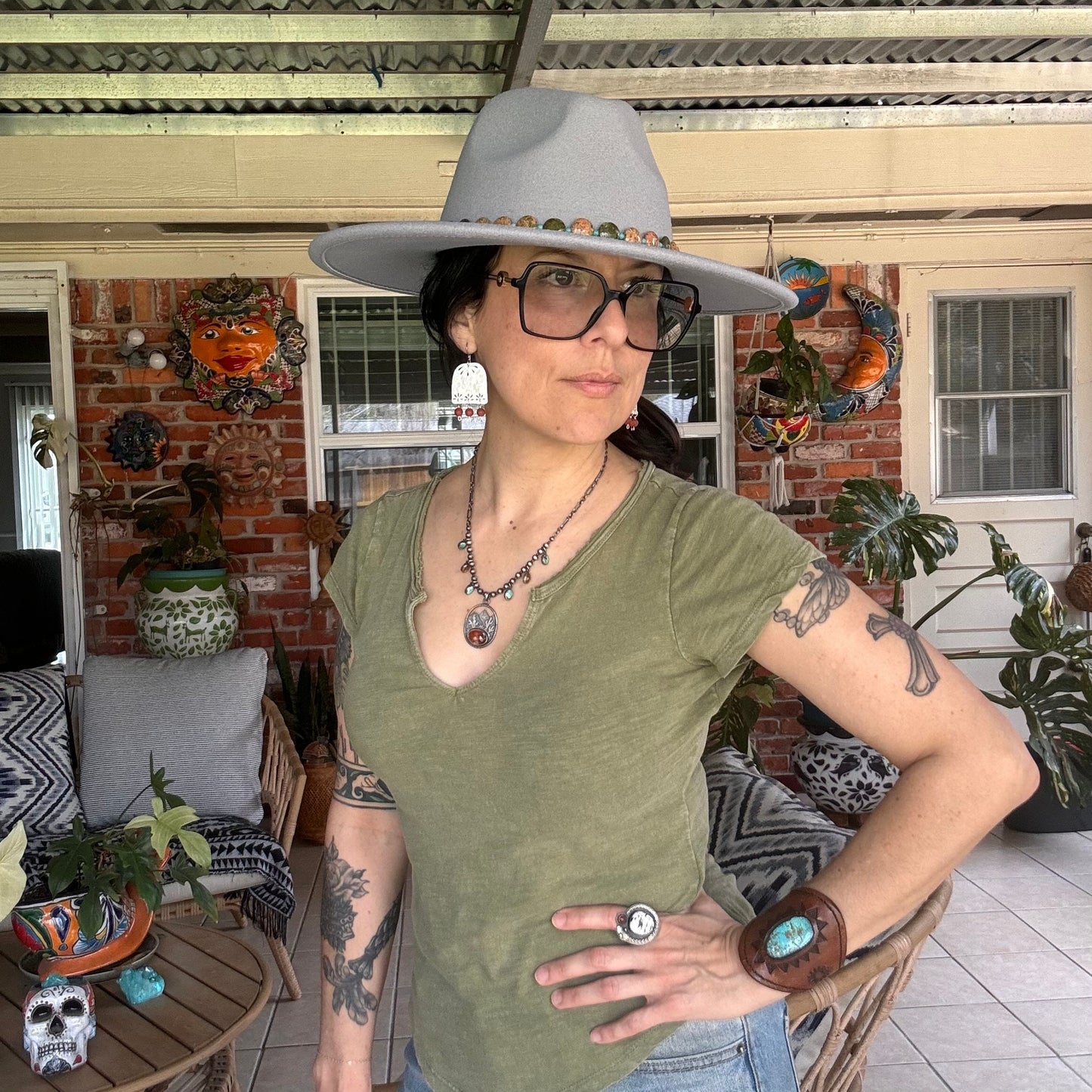 Unakite Hatband, green and pink Gemstone Hat Band