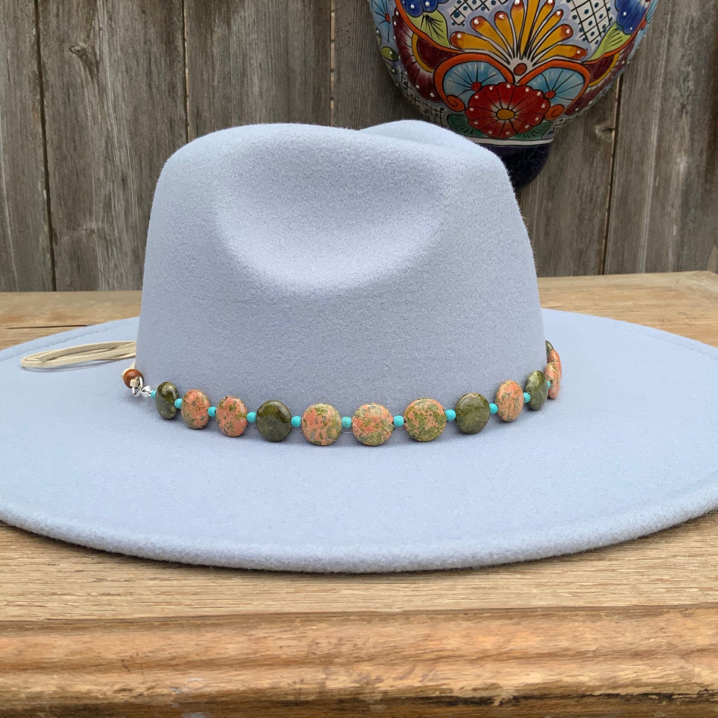 Unakite Hatband, green and pink Gemstone Hat Band