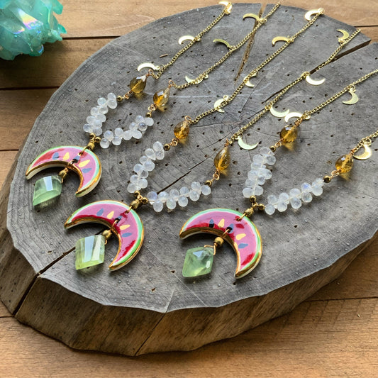 Handmade Ceramic Watermelon Necklace: Moonstone, Citrine & Prehnite