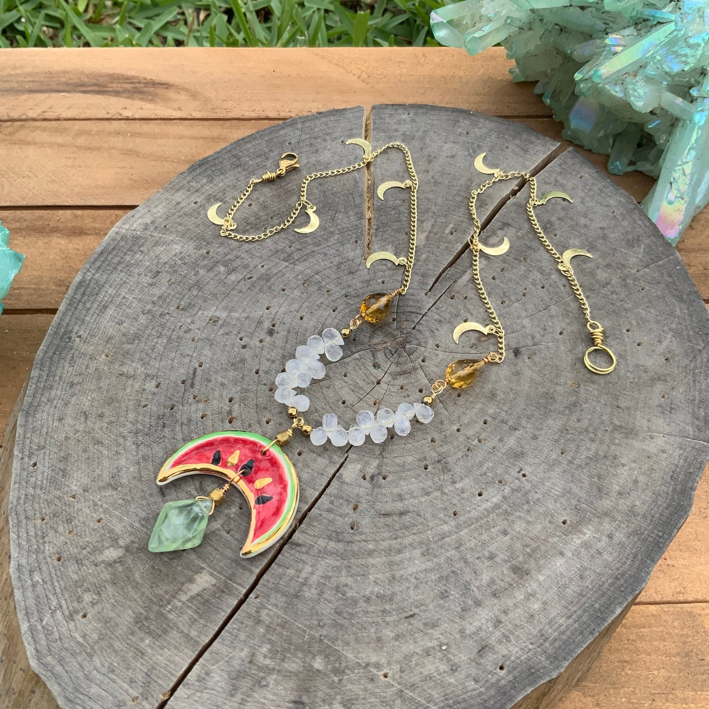 Handmade Ceramic Watermelon Necklace: Moonstone, Citrine & Prehnite