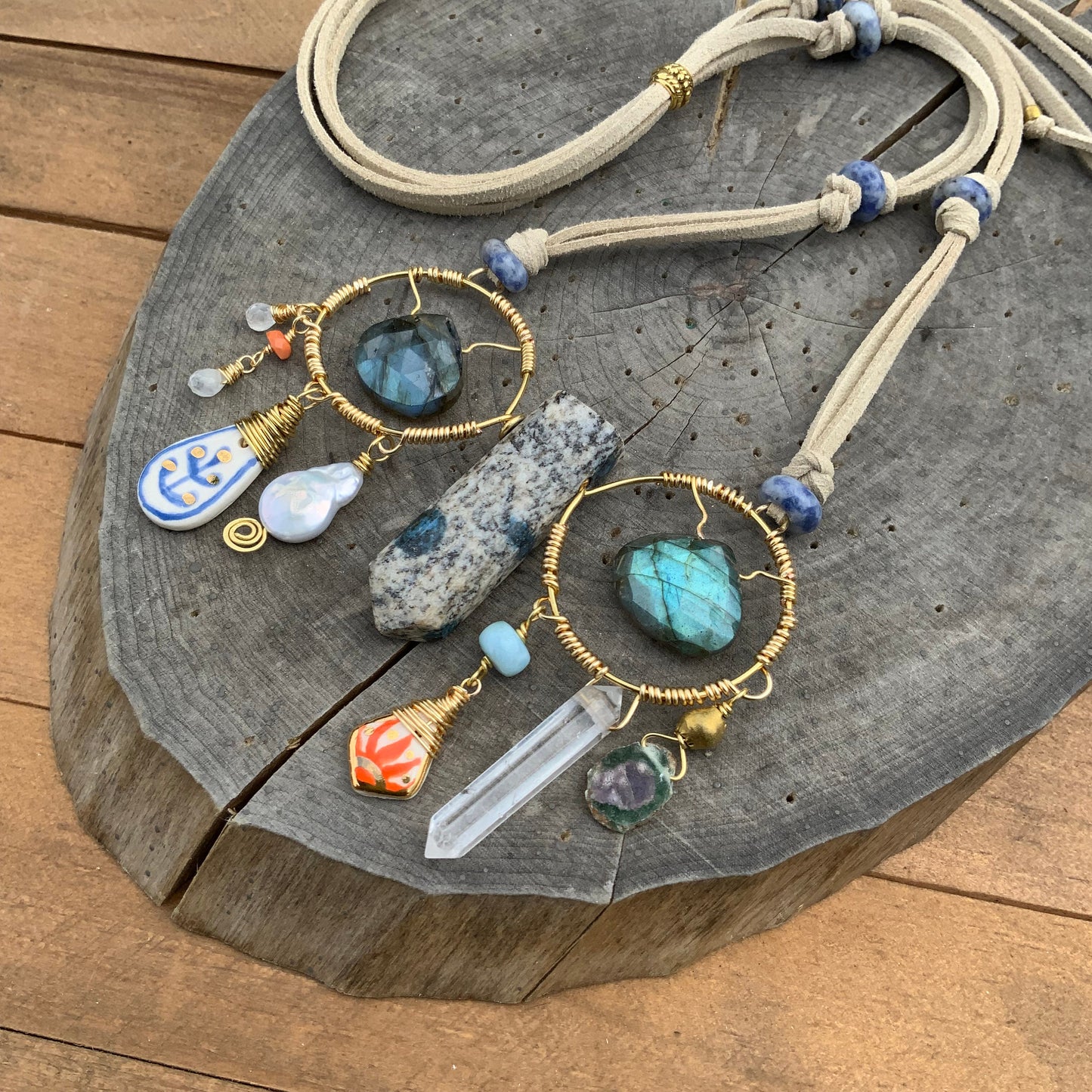 Handmade Ceramic Bead Necklace: Labradorite, Ruby, Opal, Vegan Suede