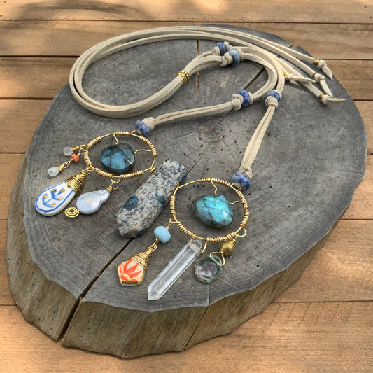 Handmade Ceramic Bead Necklace: Labradorite, Ruby, Opal, Vegan Suede