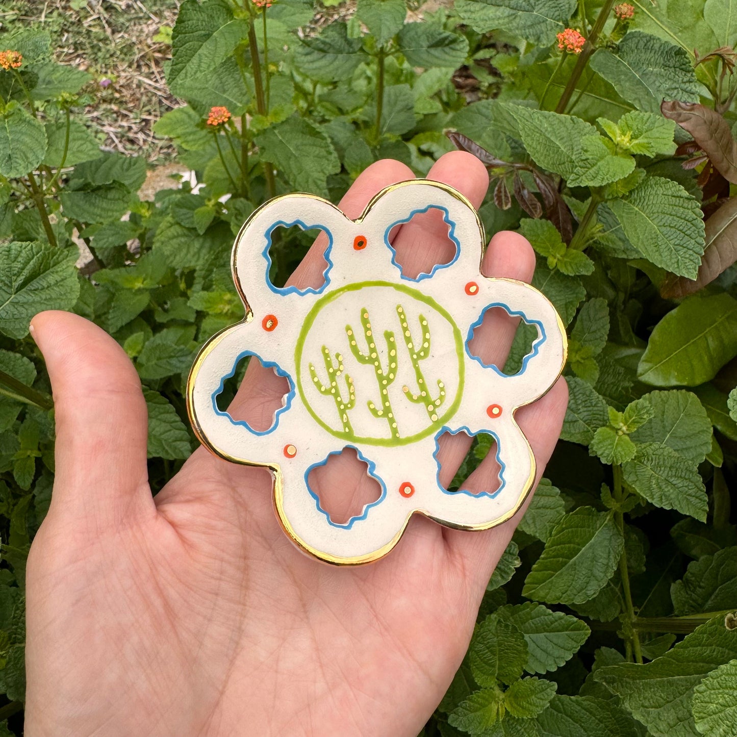 Handmade Southwestern Saguaro Cactus Ceramic Ring Dish with Gold Luster