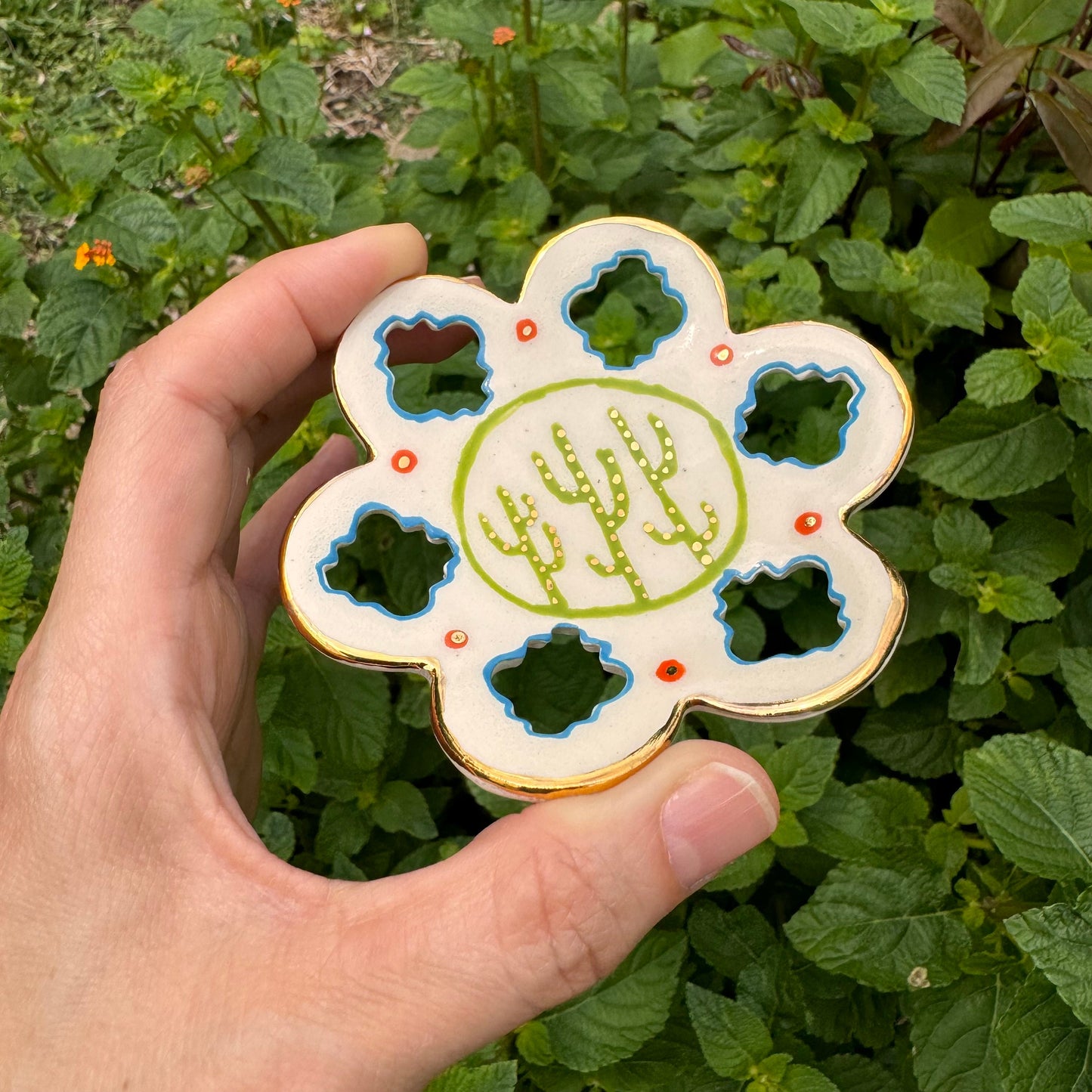 Handmade Southwestern Saguaro Cactus Ceramic Ring Dish with Gold Luster