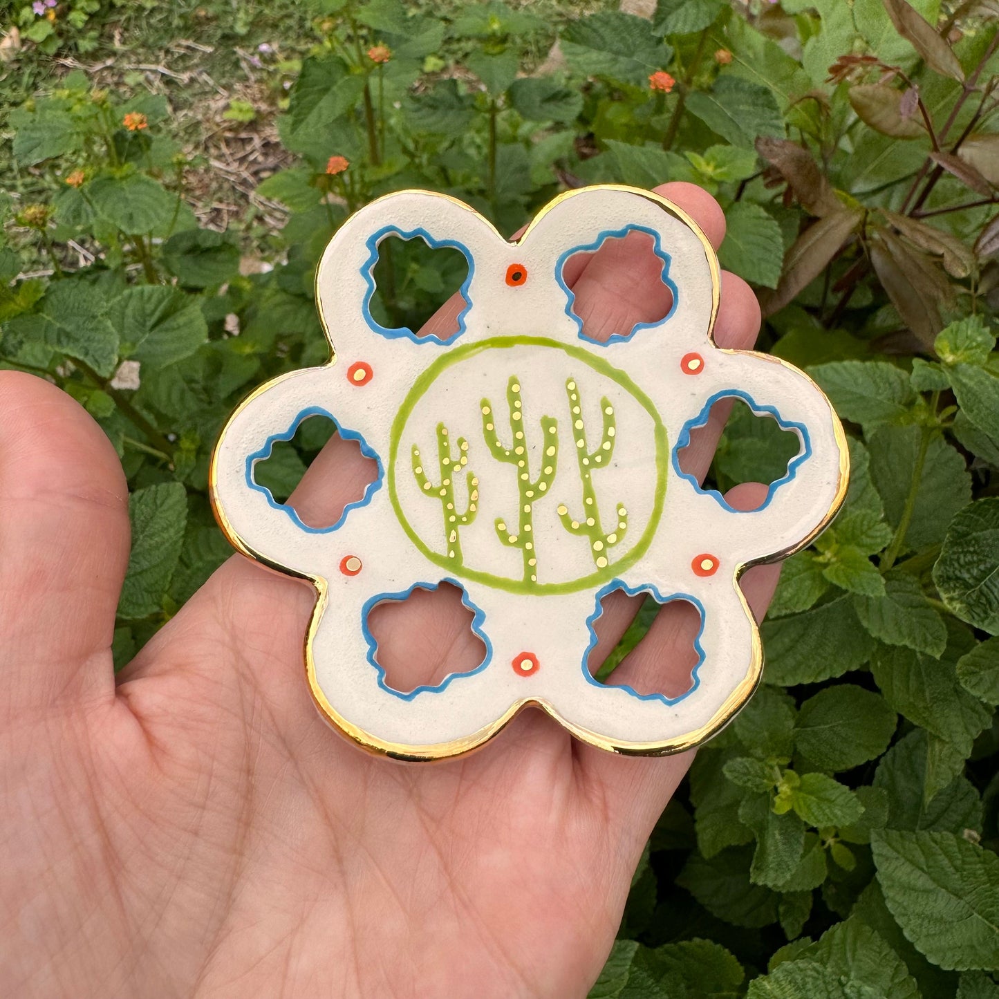 Handmade Southwestern Saguaro Cactus Ceramic Ring Dish with Gold Luster