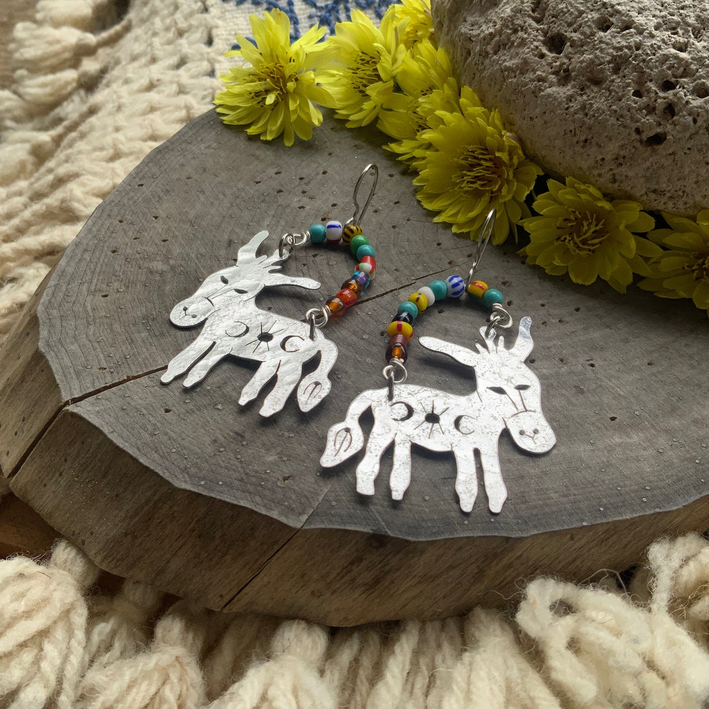 Handmade Celestial Donkey Earrings: Aluminum & Rainbow Glass Beads