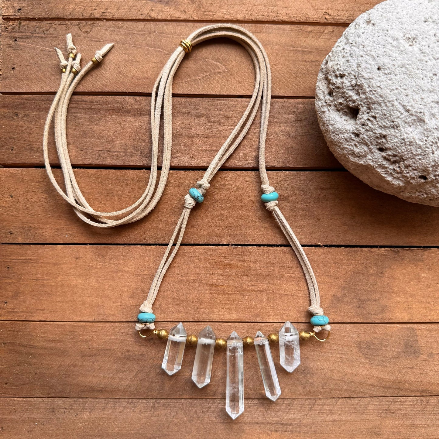 Quartz Crystal Point Necklace: Vegan Suede Cord with Blue Magnesite