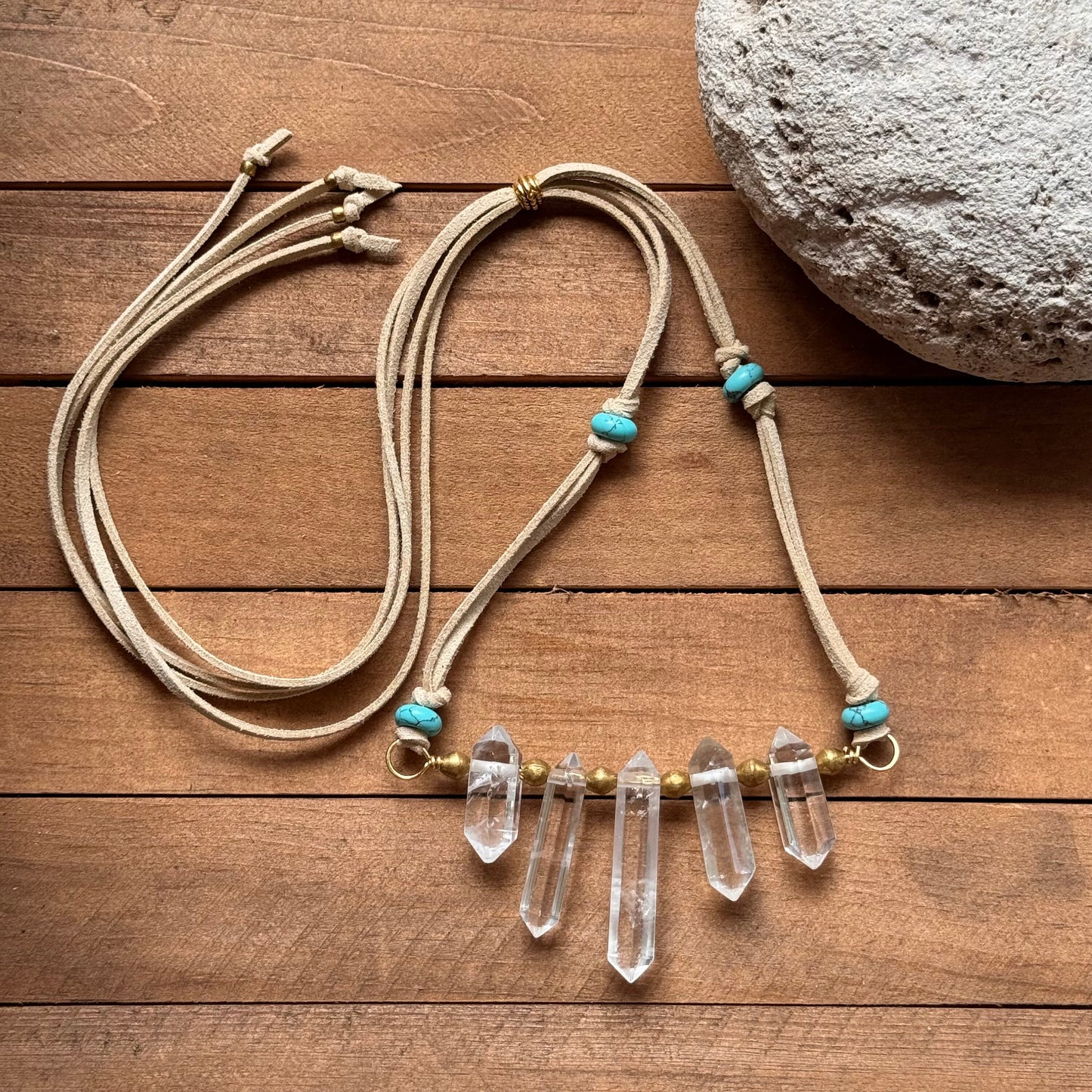 Quartz Crystal Point Necklace: Vegan Suede Cord with Blue Magnesite