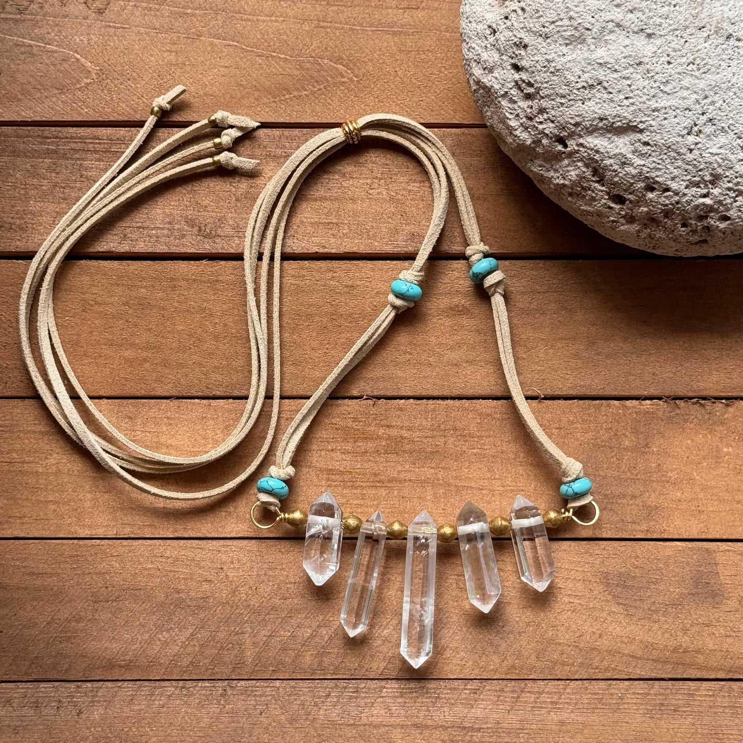 Quartz Crystal Point Necklace: Vegan Suede Cord with Blue Magnesite