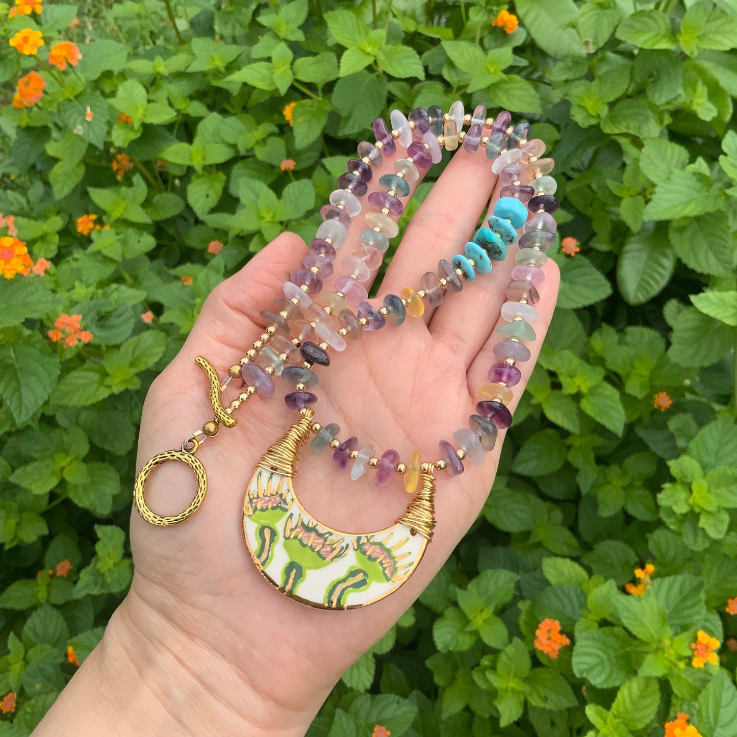 Handmade Ceramic Venus Flytrap Necklace: Rhodochrosite Beaded Crescent Moon Pendant