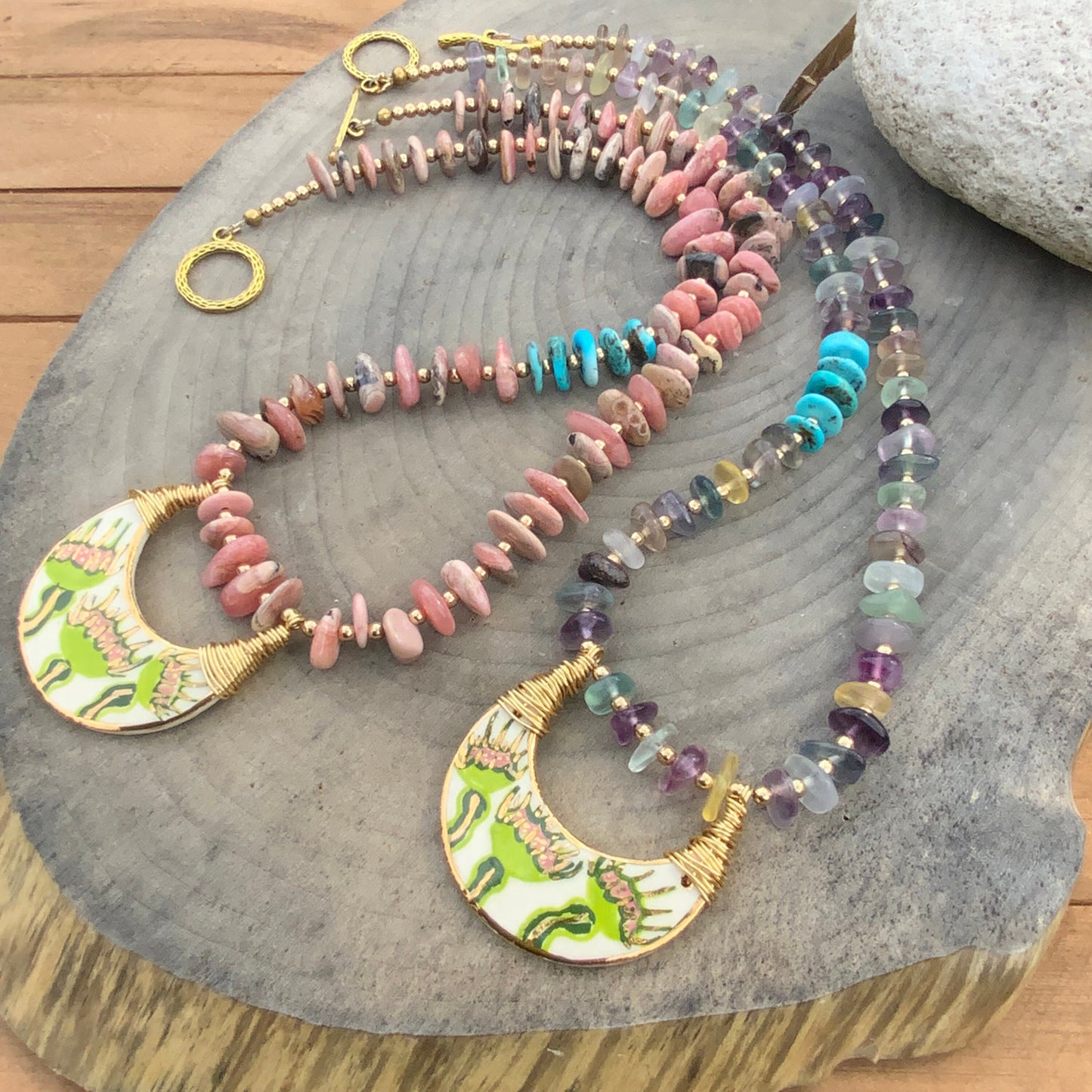 Handmade Ceramic Venus Flytrap Necklace: Rhodochrosite Beaded Crescent Moon Pendant