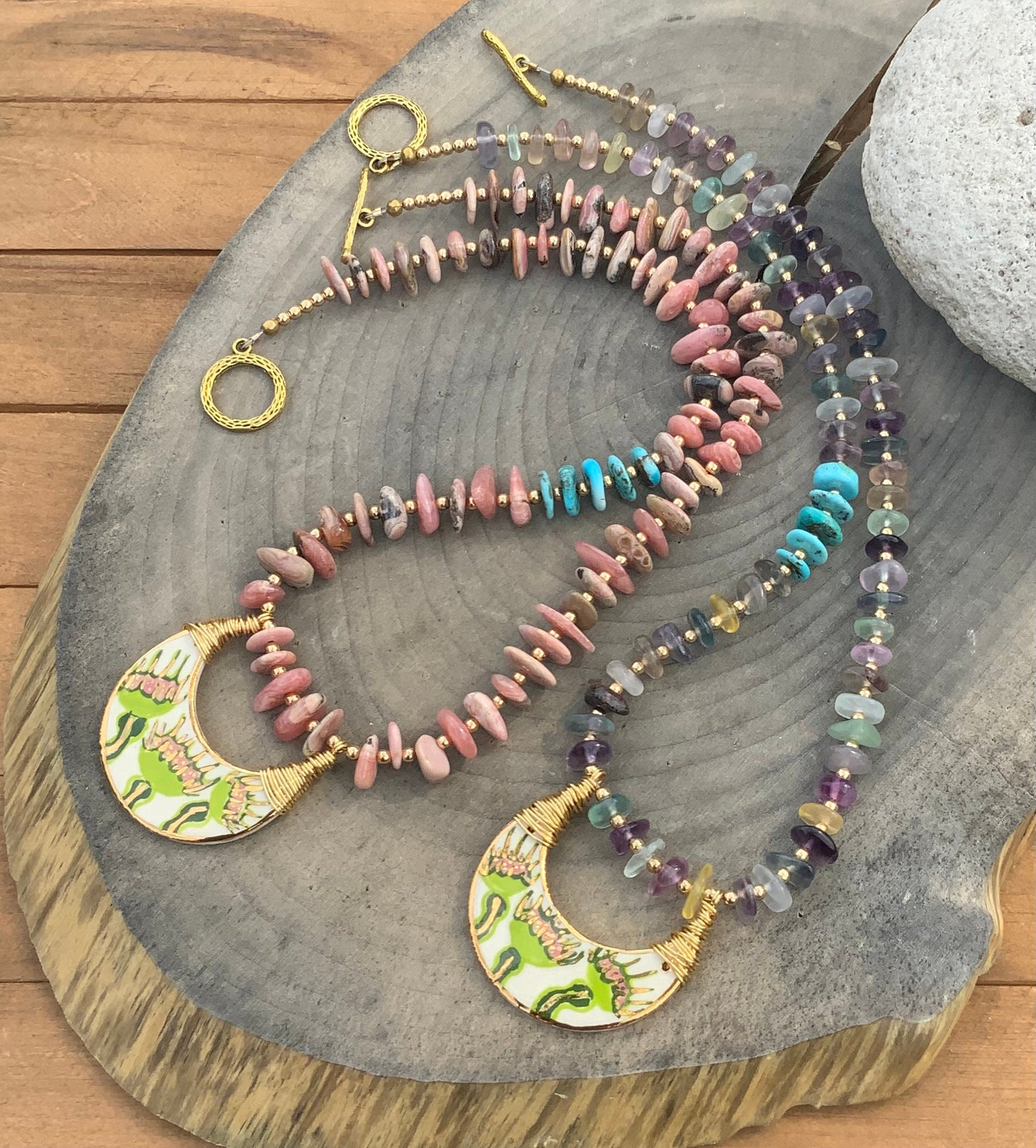 Handmade Ceramic Venus Flytrap Necklace: Rhodochrosite Beaded Crescent Moon Pendant