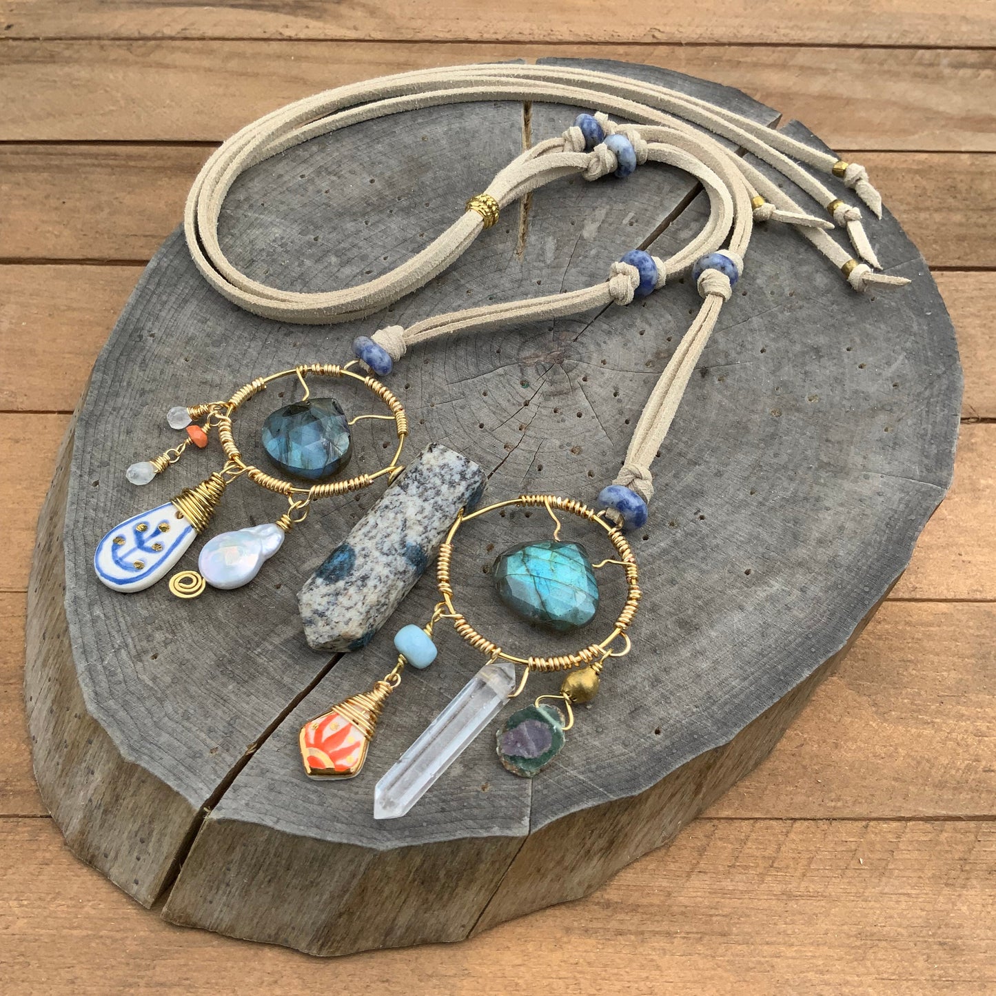 Handmade Ceramic Bead Necklace: Labradorite, Ruby, Opal, Vegan Suede